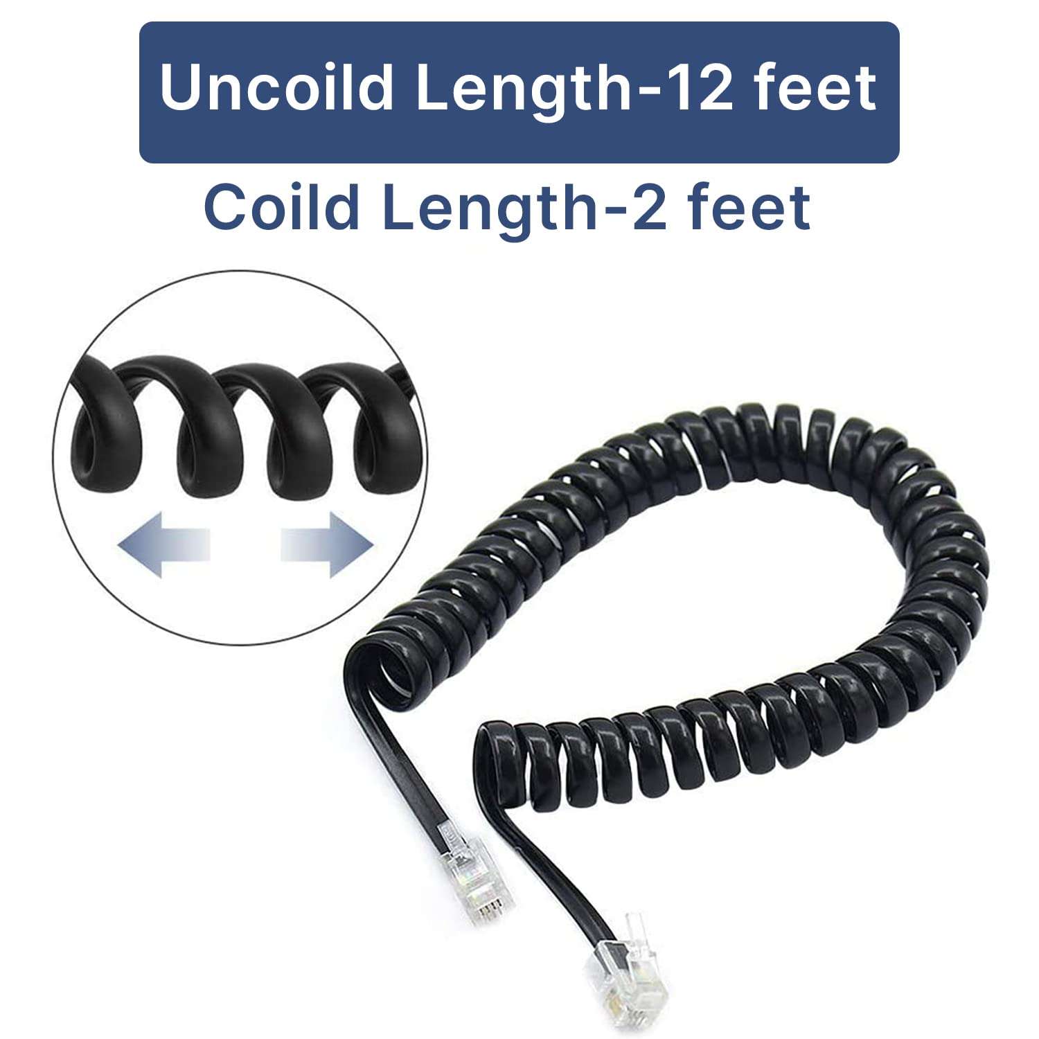 FEDUS 6.5ft Black Telephone Extension Coil Cable Cord 2 Meter Pack 1 5