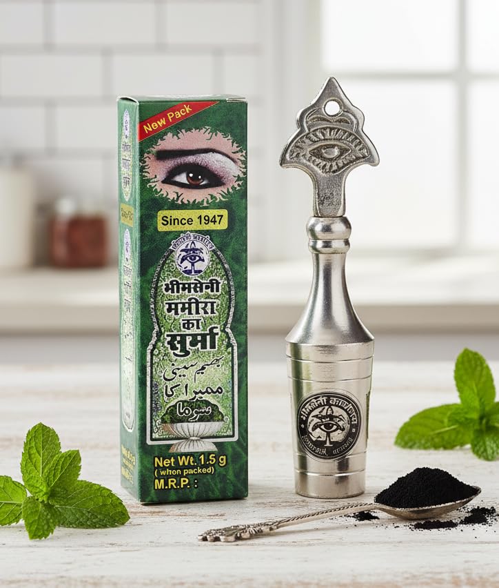 Bhimseni Mamira Surma Traditional Eye Kohl, 1.5g, with Decorative Brass Surmedani