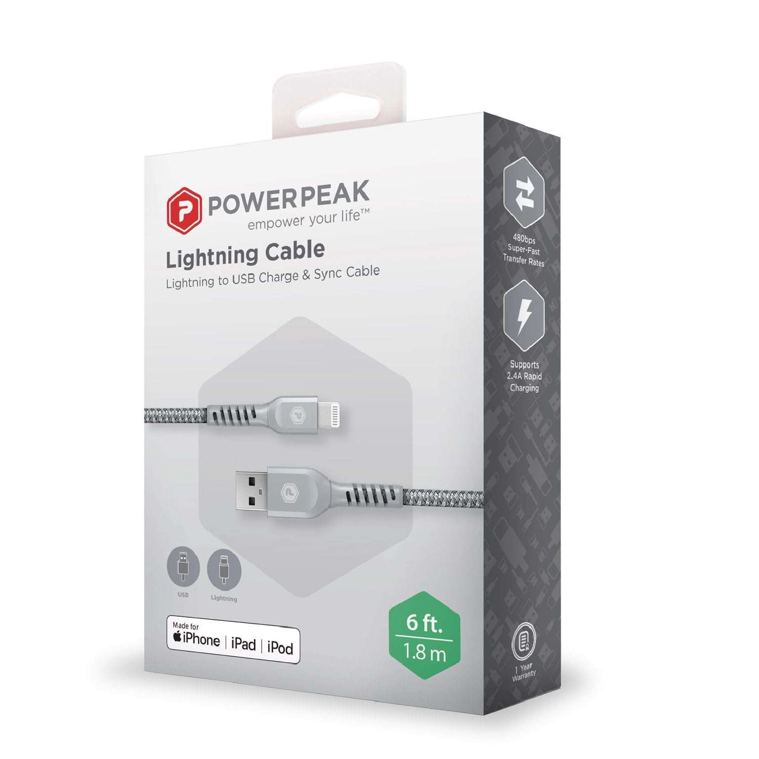 POWERPEAK USB-A to Lightning Cable, 6ft Braided Nylon Metallic iPhone Charger Cord, (MFi Certified) Sync Cable Compatible with iPhone Lightning Port Devices | Silver 4