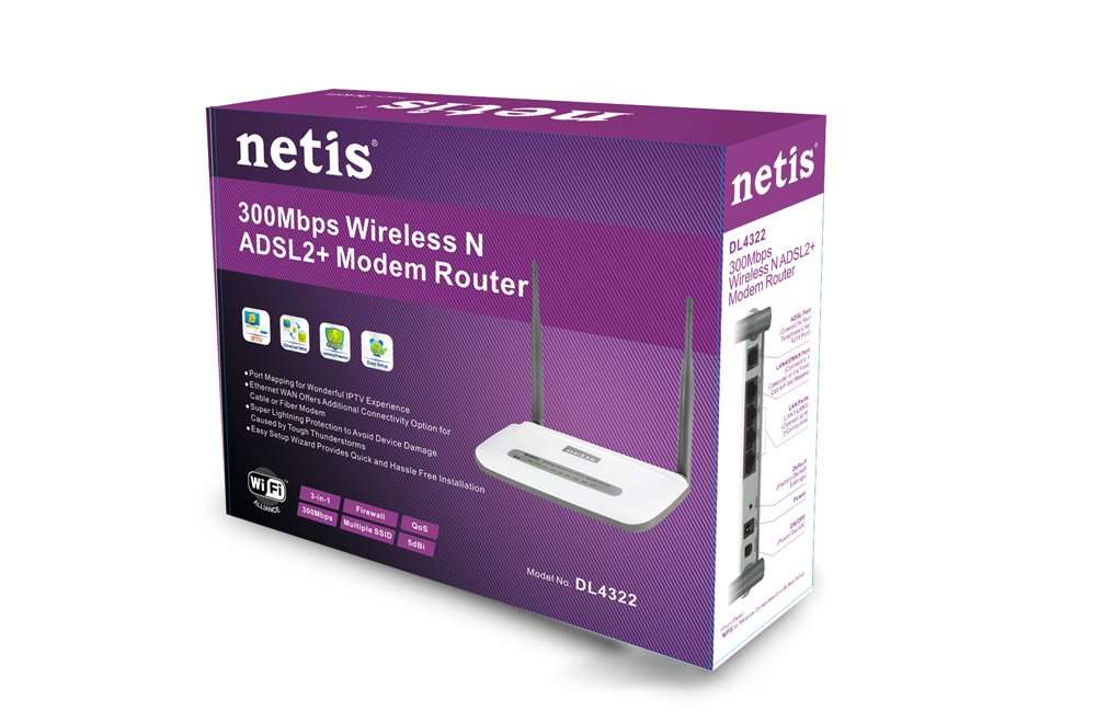 Netis DL4323 300Mbps High-Speed Wireless N ADSL2 and Modem Router Combo | 4-Port NAT Router and Wireless N Access Point with High Gain Antenna 5