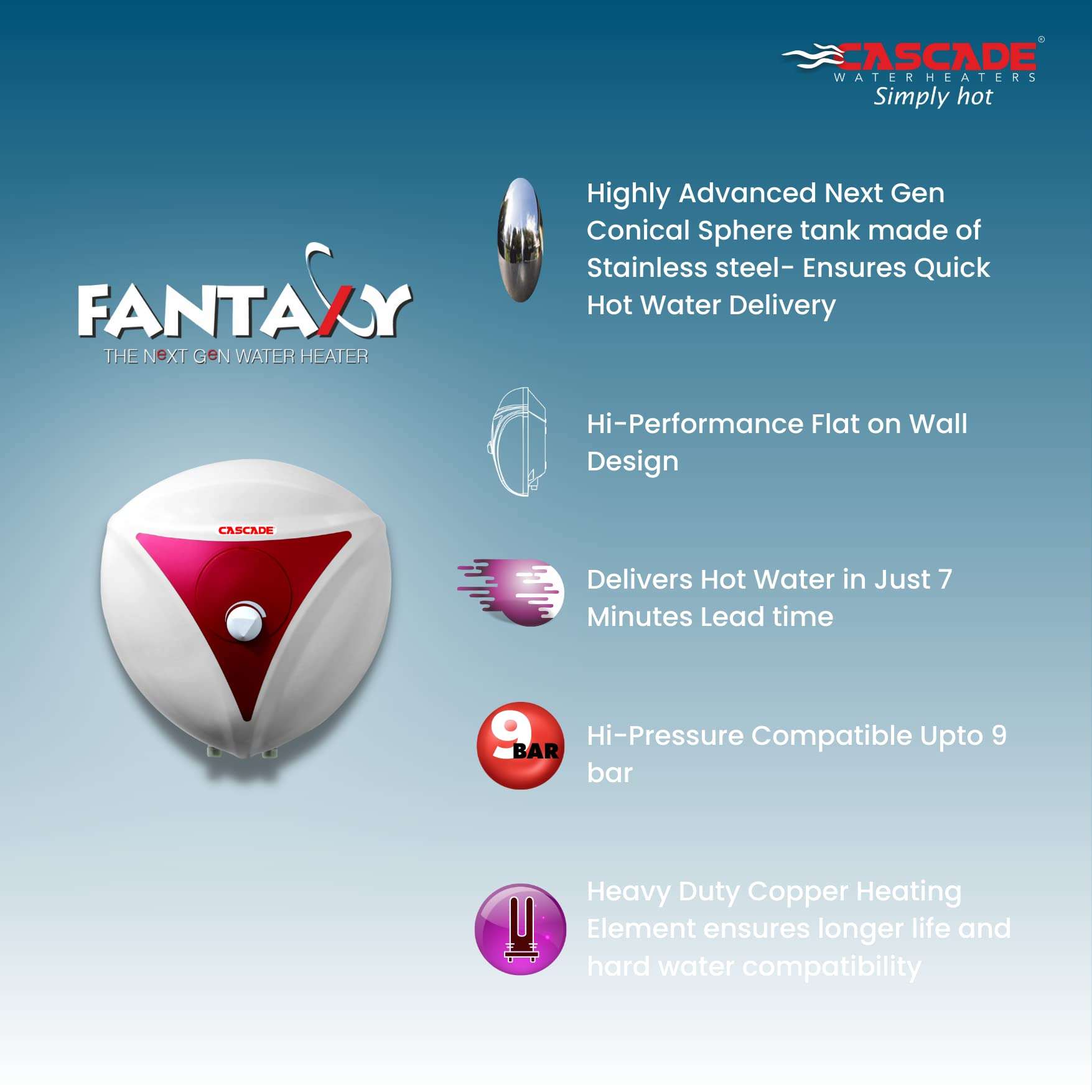 Cascade Fantaxy Storage Water Heater Geyser | White and Pink | Free Installation | Vertical Mounting | Flat on Wall Design | 7 Minute Heating | Advanced Safety Features (white, 10 Litre) 4