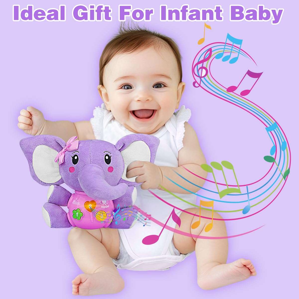 Aitbay Plush Elephant Music Baby Toys 0 3 6 9 12 Months, Cute Stuffed Aminal Light Up Baby Toys Newborn Baby Musical Toys for Infant Babies Boys & Girls Toddlers 0 to 36 Months (Purple) 3