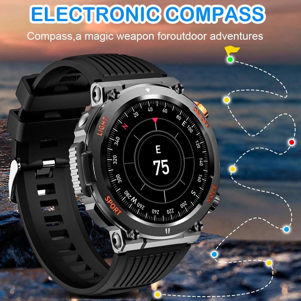 Men Military Intelligent Watch 1.46 inch HD LED Flashlight Compass Fitness Tracker Smart Watch, with answering/Calling Function Sports Watch, Heart Rate SPO2 Compatible with iPhone and Android Phones 6