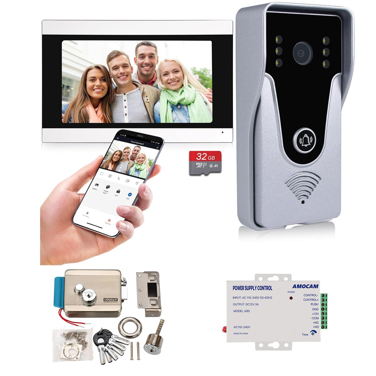 AMOCAM WiFi Video Intercom System + K80 Power Supply Control + [Upgrade Version] Electric Electronic Door Lock Bundles 1
