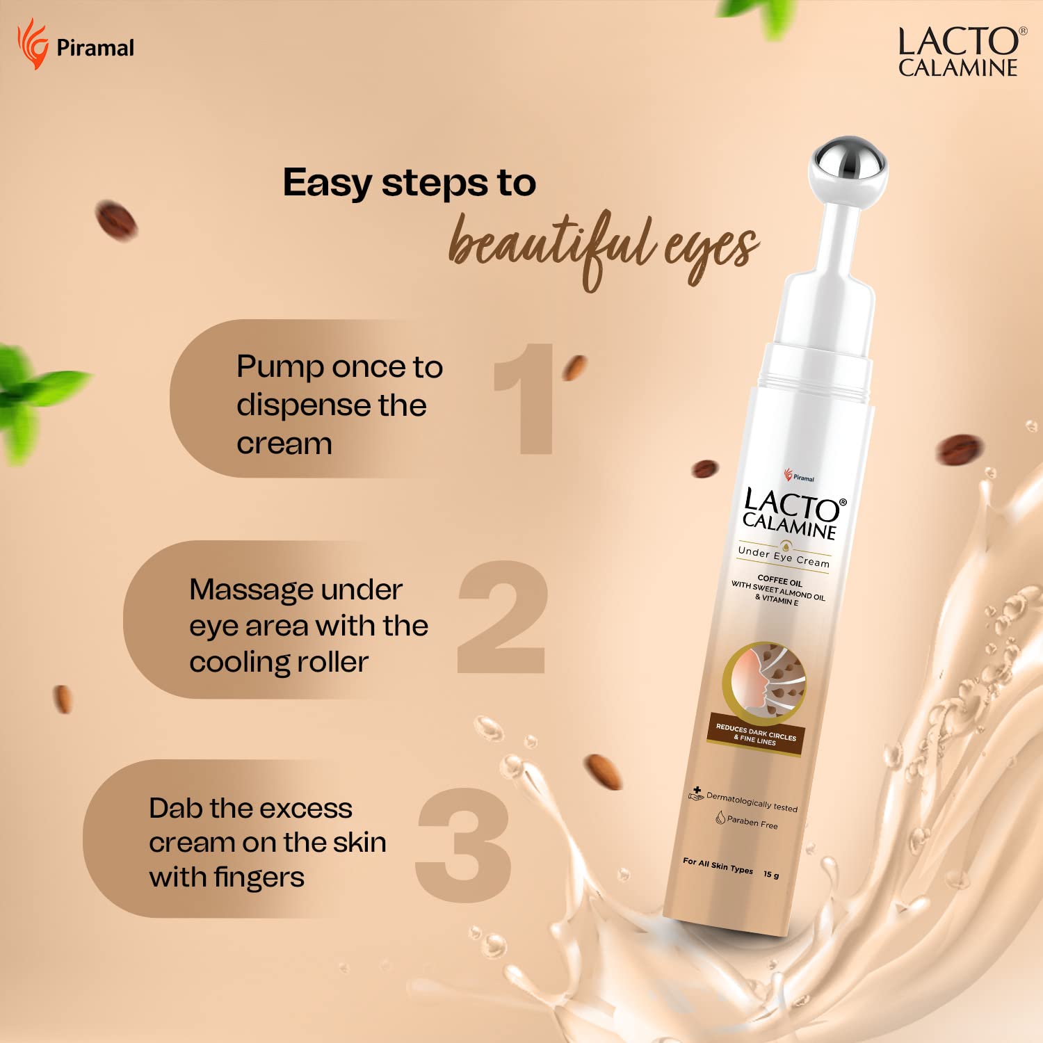 Lacto Calamine Under Eye Cream For Dark Circles for Women & Men | Fine Lines & Puffy Eyes With Cooling Massage Roller | 15g | With Coffee Oil, Multi-Peptides, Niacinamide, & Vitamin E 5