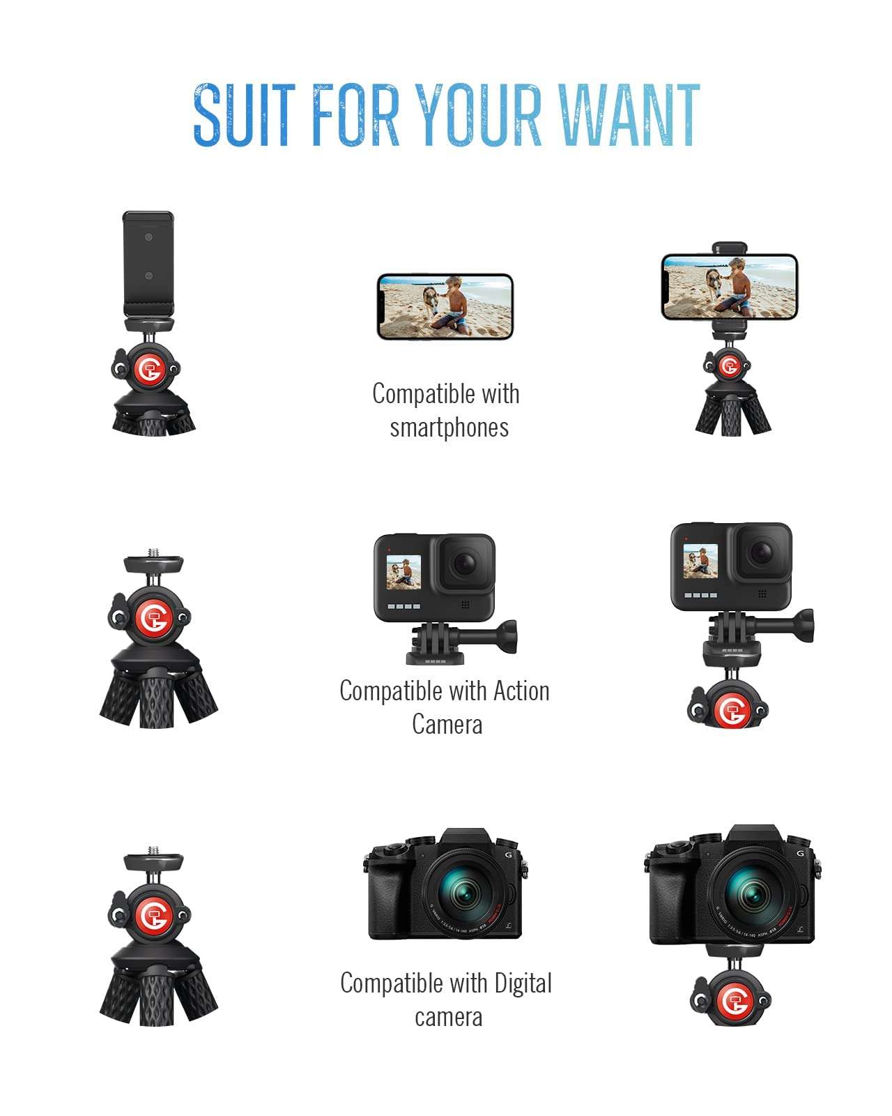 GooFoto Phone Tripod, Flexible Tripod for iPhone, Android Cell Phone and Camera, Bendable Mini Portable Holder for Video Recording/Vlogging/Selfie Black+Red 4