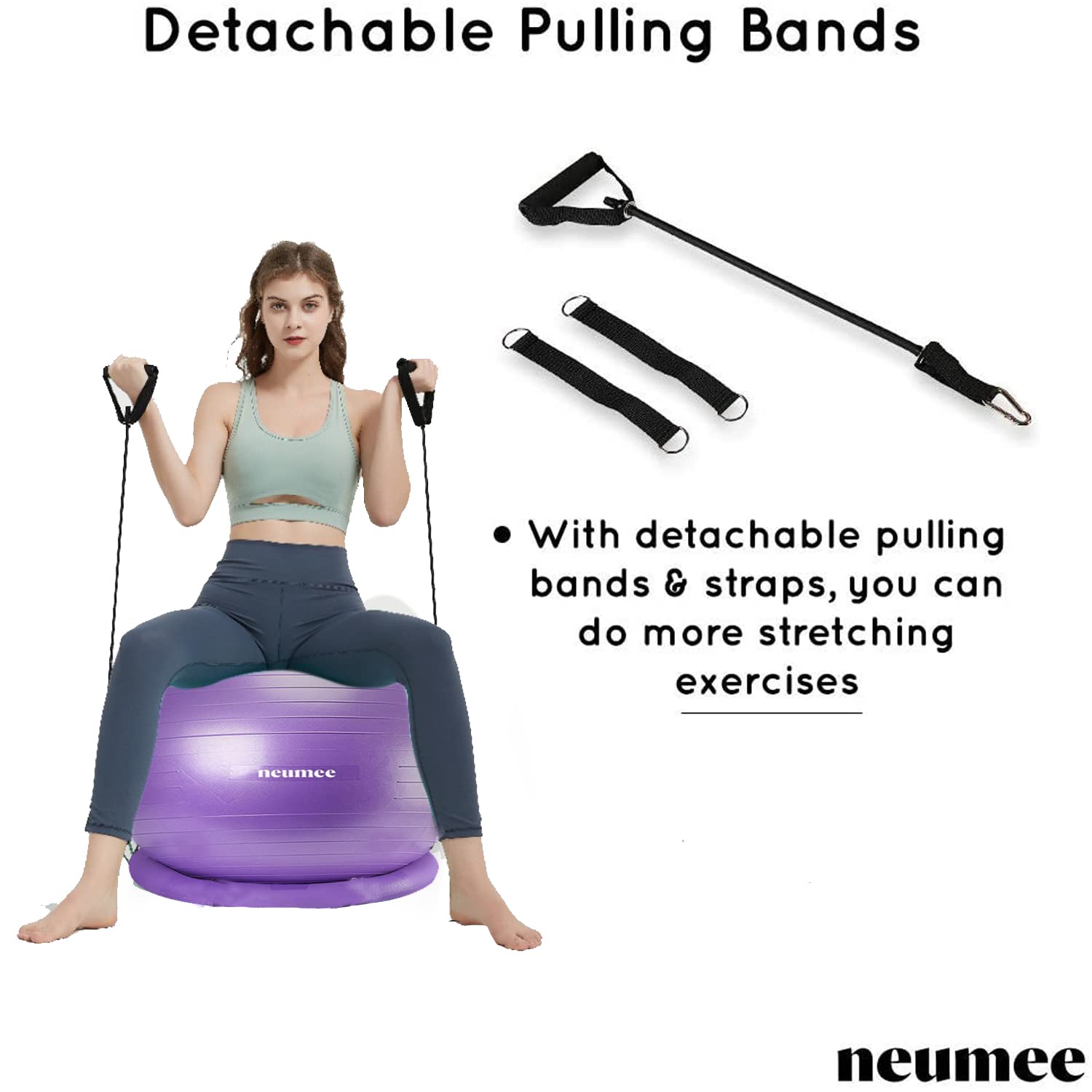 NEUMEE Exercise Ball Chair with Resistance Bands, Yoga Ball Office Chair with Stability Base for Home Gym, Workout Ball for Fitness, Large Size 65 cm (Purple) 5