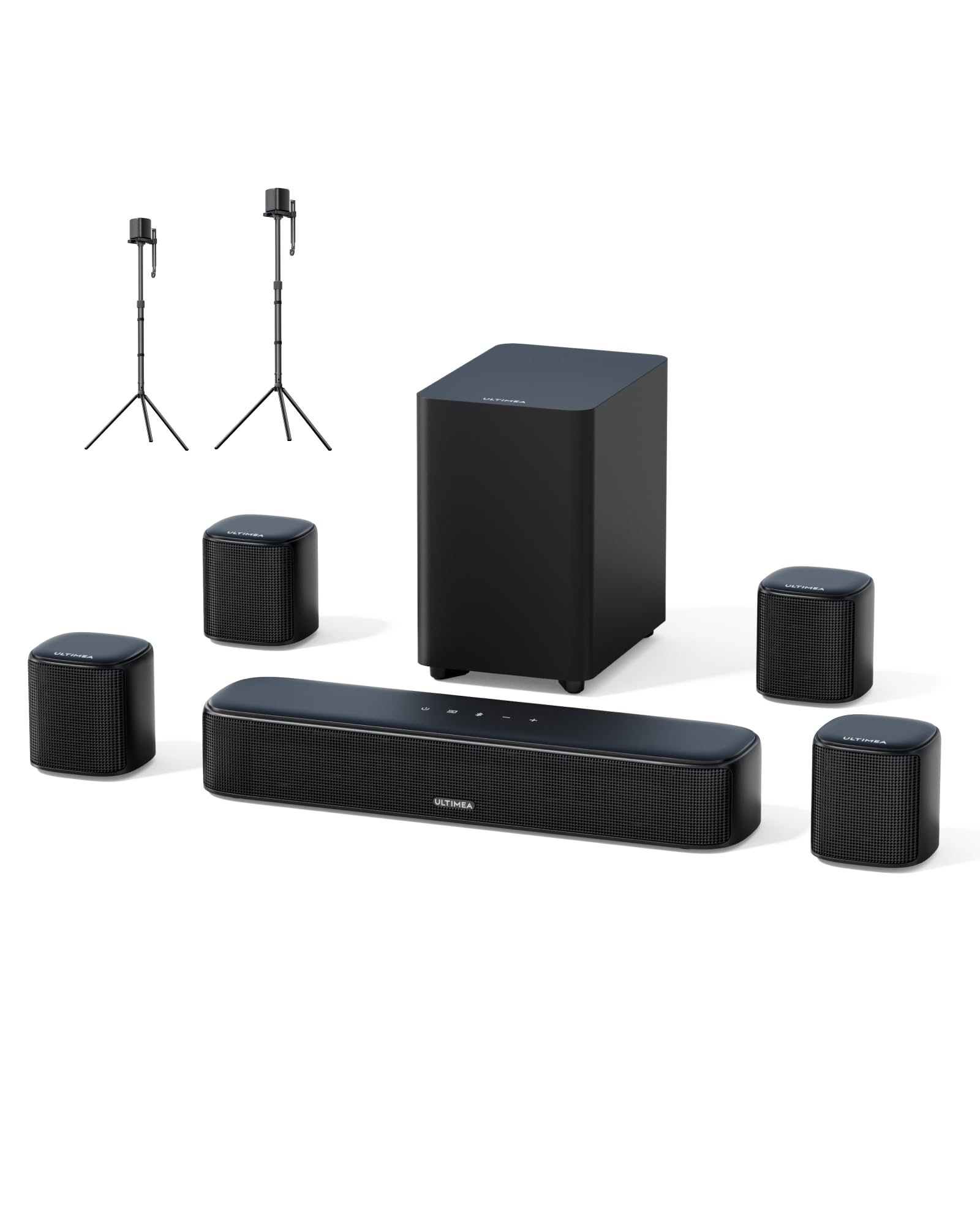 ULTIMEA 7.1ch Surround Sound Bar for Smart TV, Bundle with Two Packs Adjustable Speaker Stands, 330W Home Theater Audio with 4 Surround Speakers, Works with Aura/Poseidon/Apollo&Skywave Series