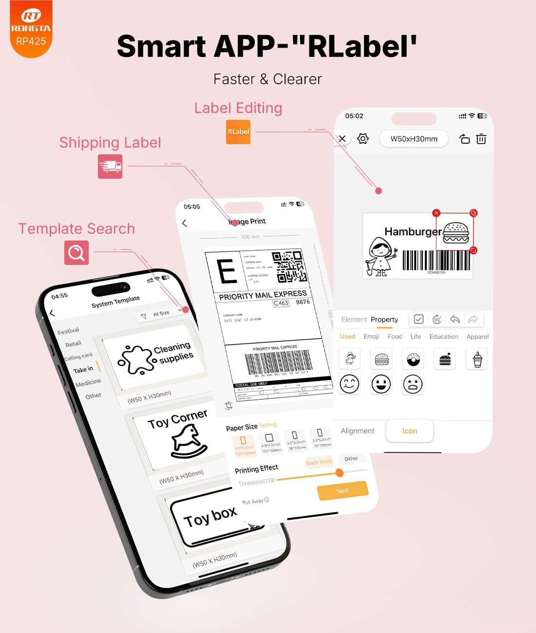 Rongta 4x6 Bluetooth Thermal Label Printer, Wireless Shipping Label Printers for Shipping Packages Small Business Office or Home, Compatible with iPhone Android iPad macOS Windows, Pink 6