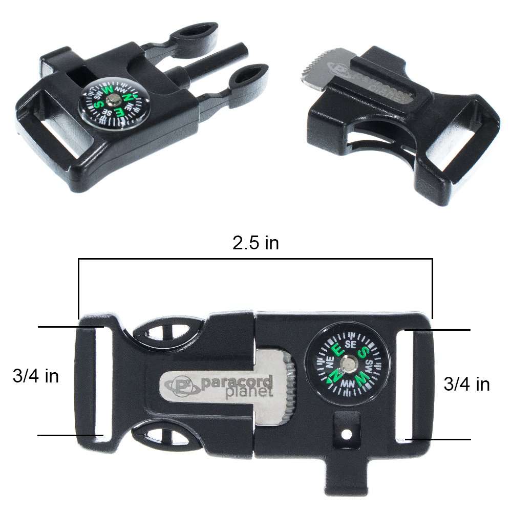 Paracord Planet 3/4 Inch Engraved 4 in 1 Fire Starter Whistle Compass Utility Buckle - Multiple Pack Sizes - Perfect for Backpack Straps, Camping, Hiking 3