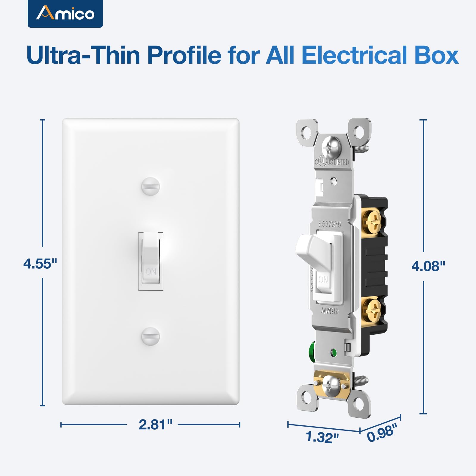 Amico 1 Pack Toggle Single Pole Light Switch Bundle with Wall Plate, UL Listed, 15A 120/277V, On/Off Toggle Interrupter Wall Switch Replacement, Residential Grade, for Home and Business, White 5