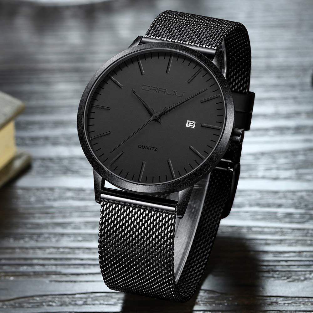 CRRJU Men's Luxury Fashion Watches Slim Casual Waterproof Date Quartz Mesh Belt Watch for Men,7MM Black/Grey 4