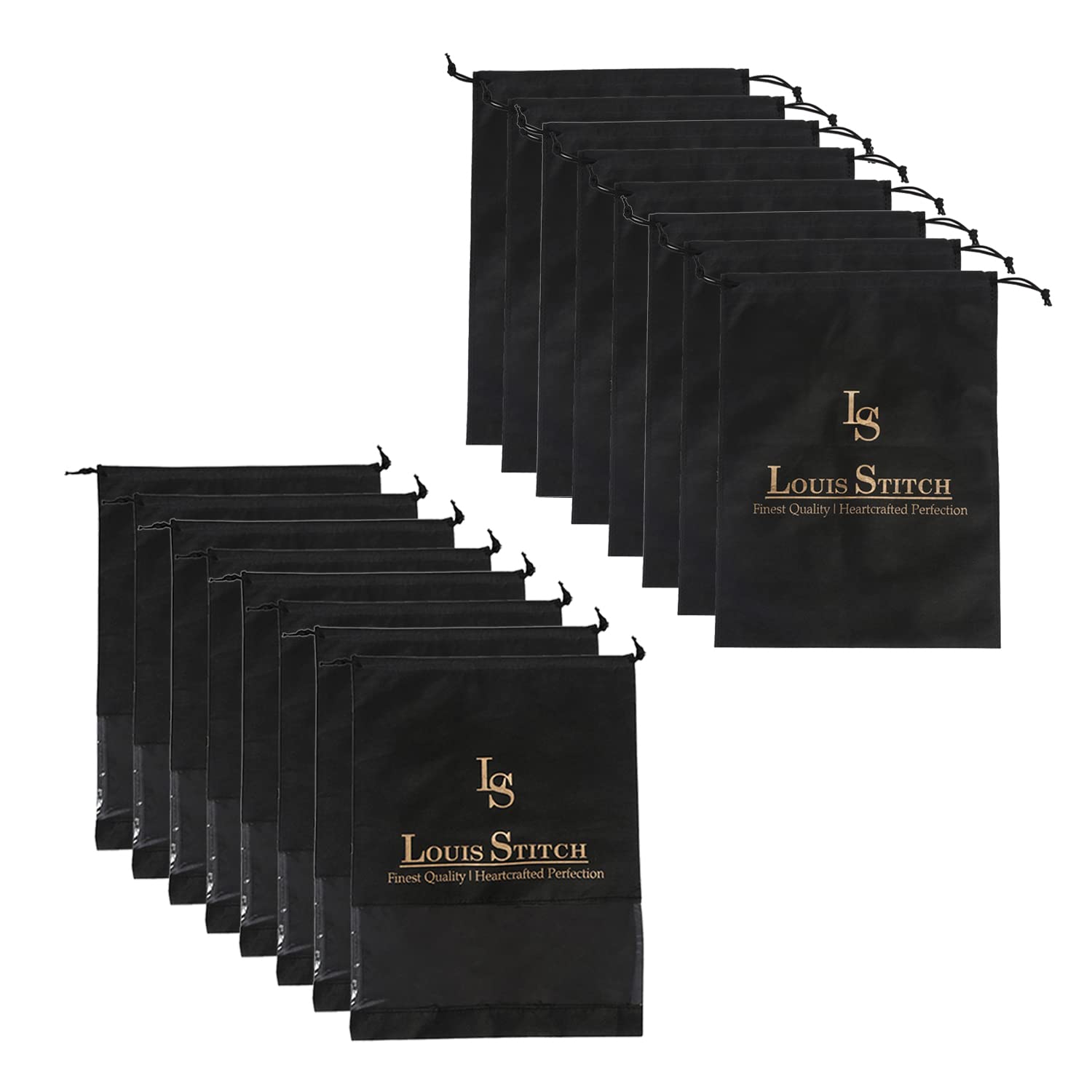 LOUIS STITCH Non-Woven Shoe Bag Travel Accessories Shoes Storage Cover Waterproof String Bag's Organizer Combo for Men Women Unisex (Pack of 16) (Black Plain & See-Thru) 1