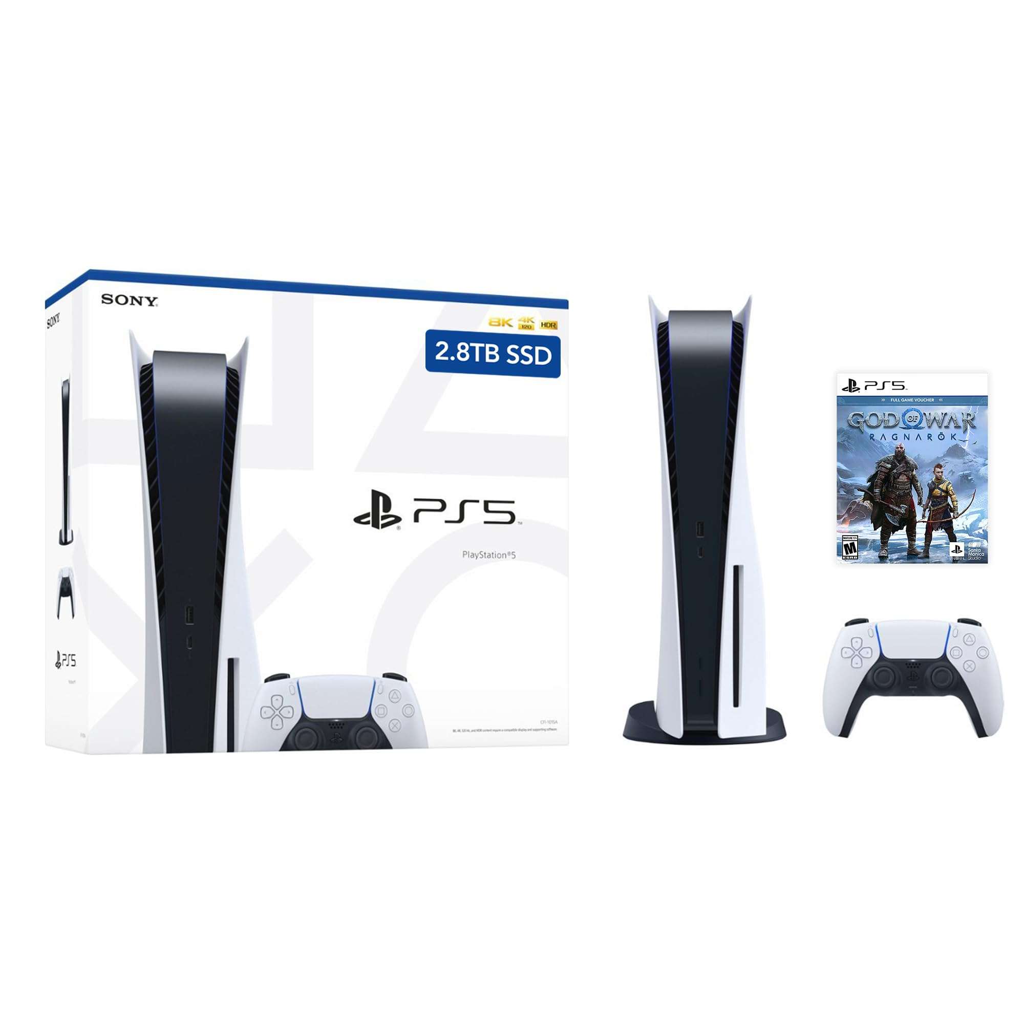PlayStation 5 Enhanced Storage 2.8TB Disc Version Console - PS5 Disc Console with 2.8TB Ultra-High Speed PCIe Gen 4 NVNe SSD, DS Controller, Charger, White, with God of War Voucher 1