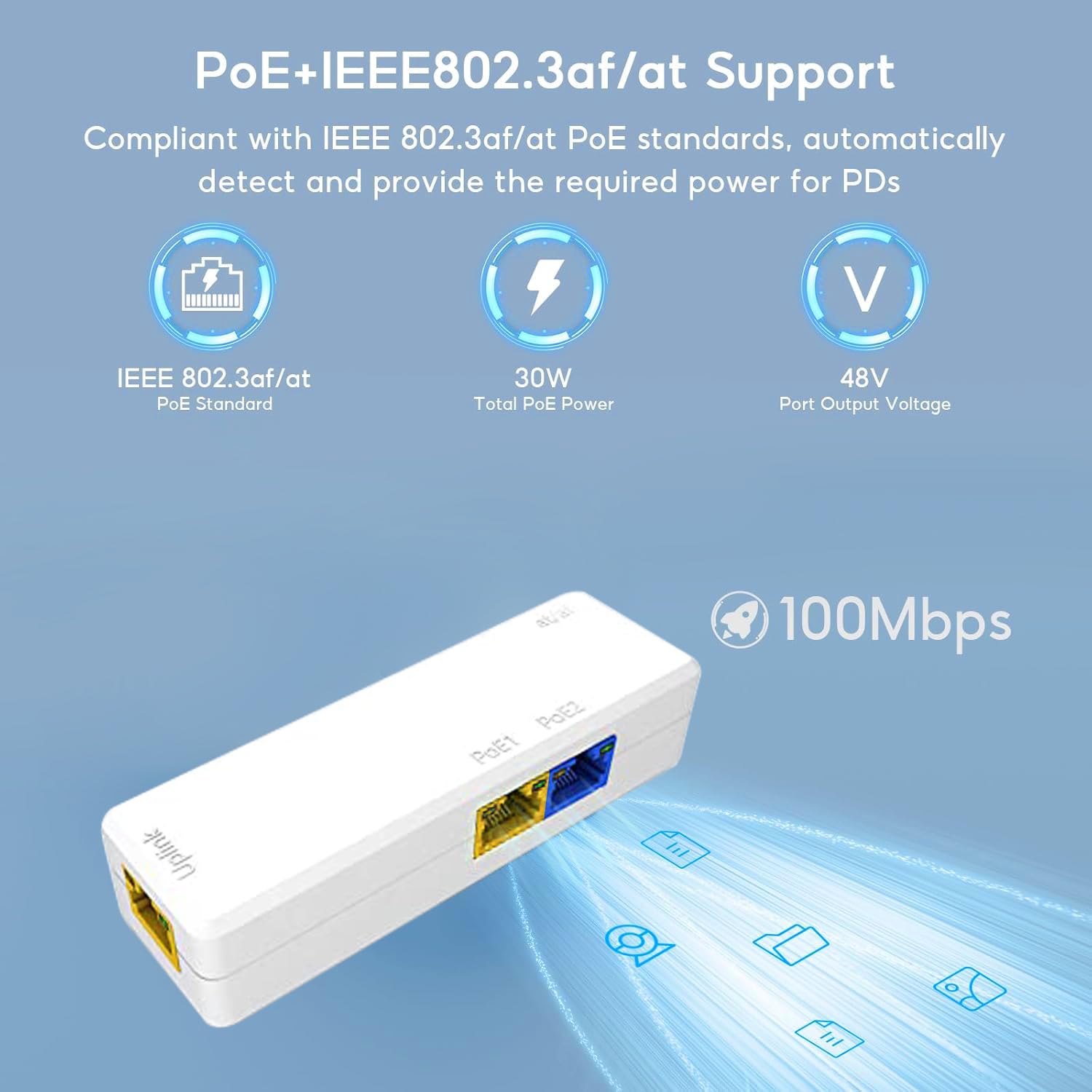 OHBET 2 Port PoE Extender 100Mbps, IEEE 802.3 af/at PoE Repeater, 1 PoE in 2 poe Out poe Splitter, Plug and Play, Wall Mount POE ethernet Repeater for Security Systems IP Camera (2 Port) 4