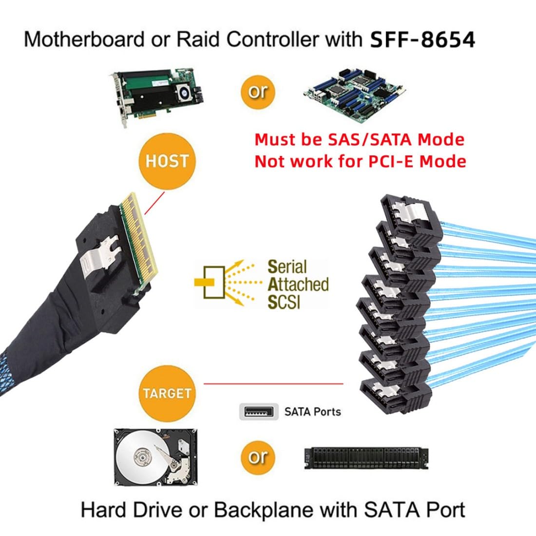 chenyang SlimSAS Host/RAID to SATA Target Cable,Slim SAS 4.0 SFF-8654 8i 74Pin 1 to 8 SATA 7Pin Raid Controller/Hard Drive Cable 3.28FT/1.0M 5