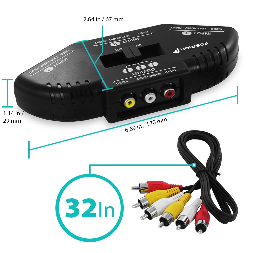 Fosmon 3-Way RCA Splitter & AV Switcher, 3 In (Female) 1 Out (Female) Audio Video Stereo Selector Switch Box with RCA Composite AV Patch Cable 2.6FT (1 Set) for HDTV, STB, Game Consoles 2