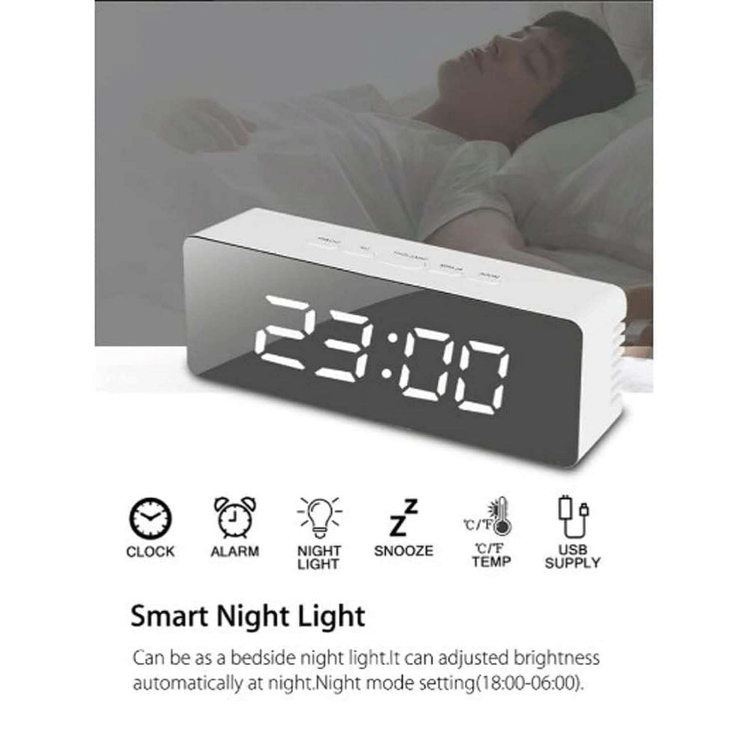 AKSHA SALES Digital LED Mirror Alarm Clock for Heavy Sleepers Kids Large LED Display with Snooze Time Temperature Function for Bedroom, Office, Travel Battery Powered and USB Power 6