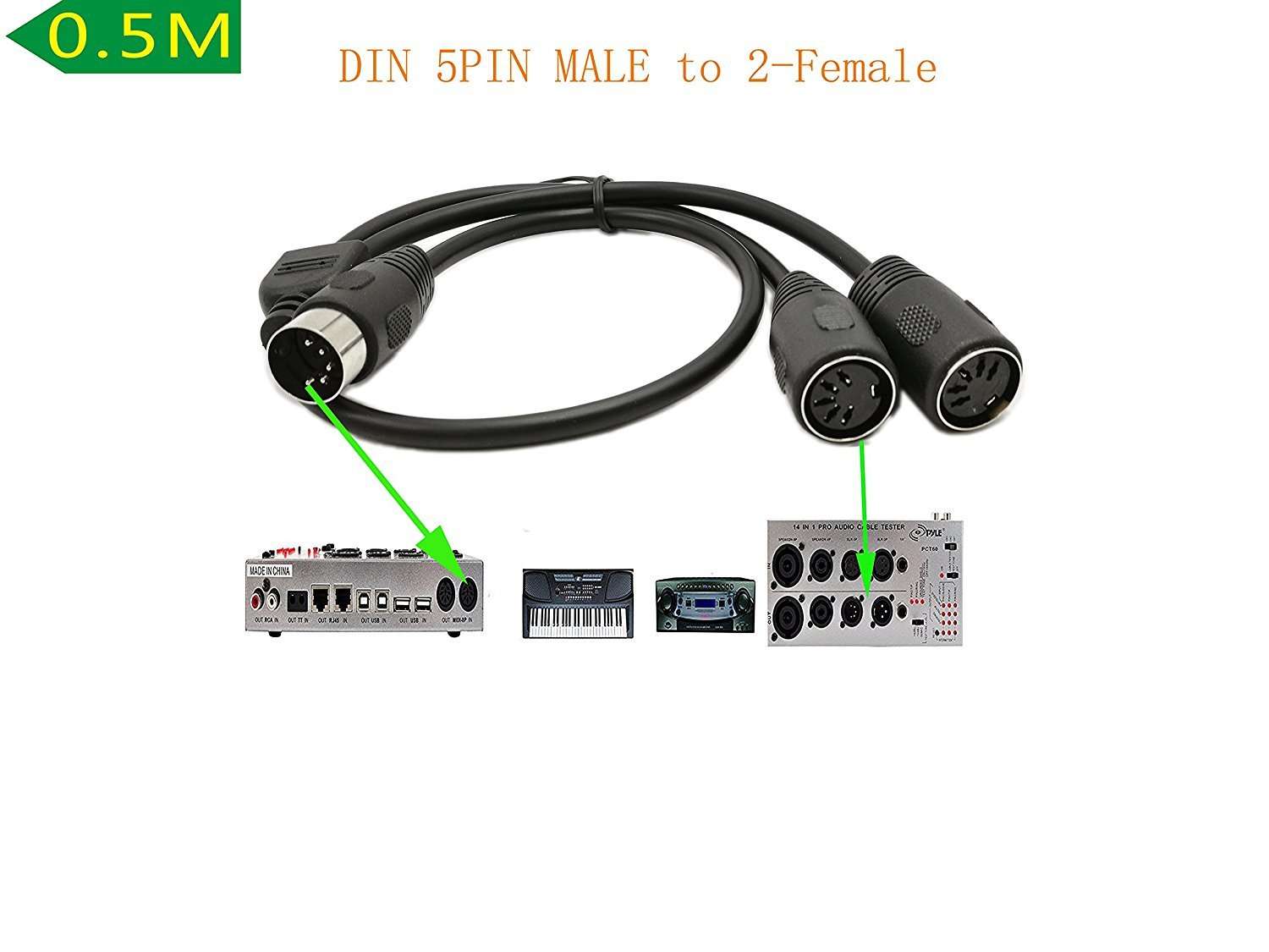 SinLoon DIN 5-Pin Splitter Y Adapter MIDI Cable, MIDI 5 Pin Male to Dual 2 x DIN-5 Female Extension Audio Cable (D5P M-2F,0.5meter) 2