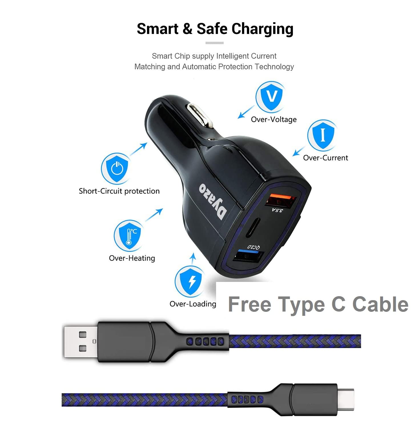 Dyazo 3 Port 36 W Turbo Car Charger QC Charging Compatible for All Qualcomm 3.0 Devices and Normal Charging for All Mobile Phone with Type c Cable 3