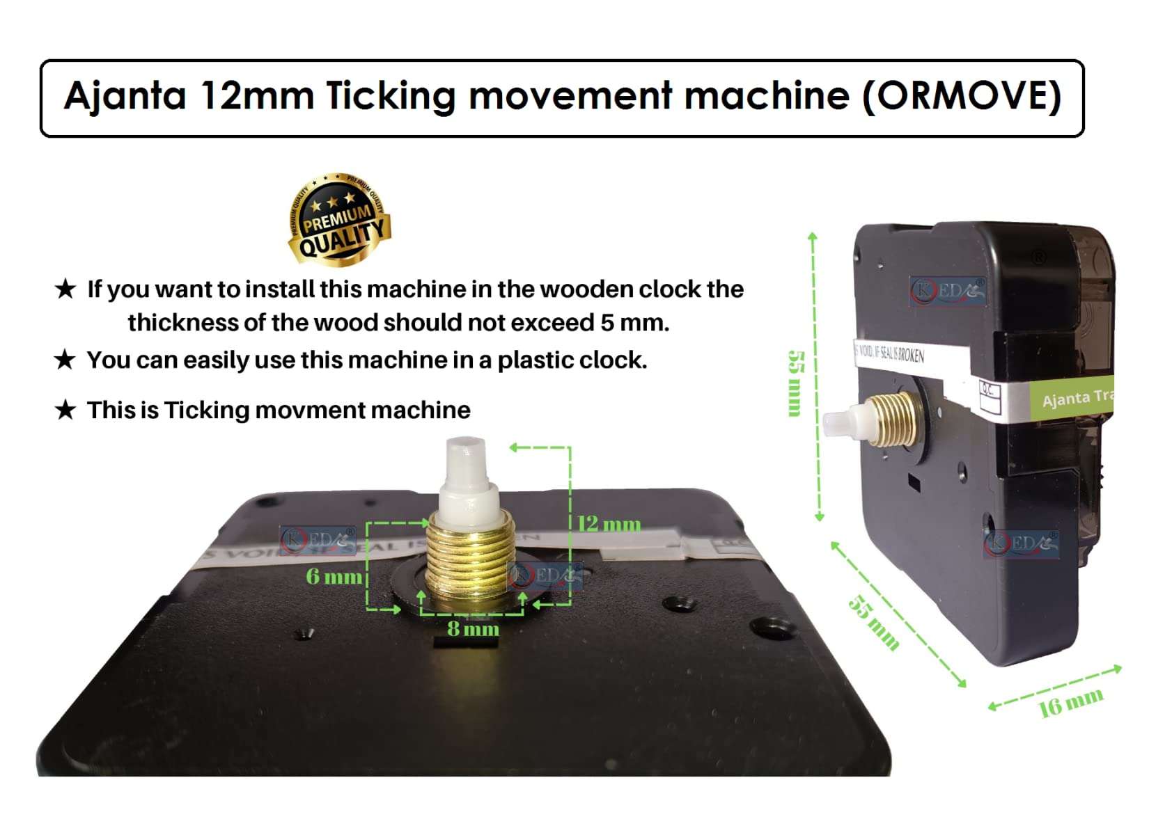 KEDAR® Ajanta Quartz Ticking Movement Machine for Wall Clock with Fancy Needles (Made in India) 22 5
