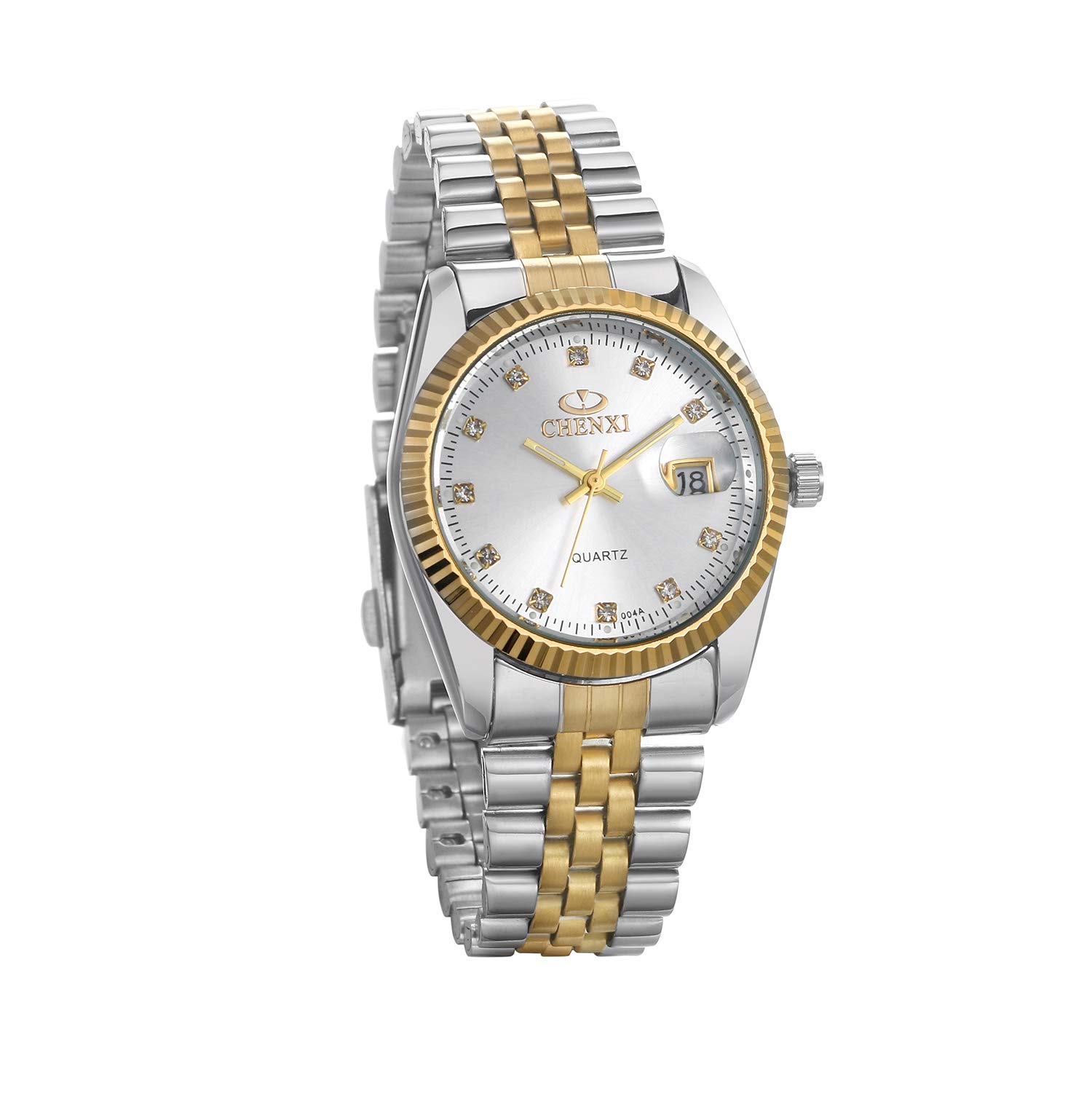 JewelryWe Luxury Couple Watches Gold-Silver Tone Stainless Steel Quartz Calendar Wristwatch Rhinestone His and Her Watch Set