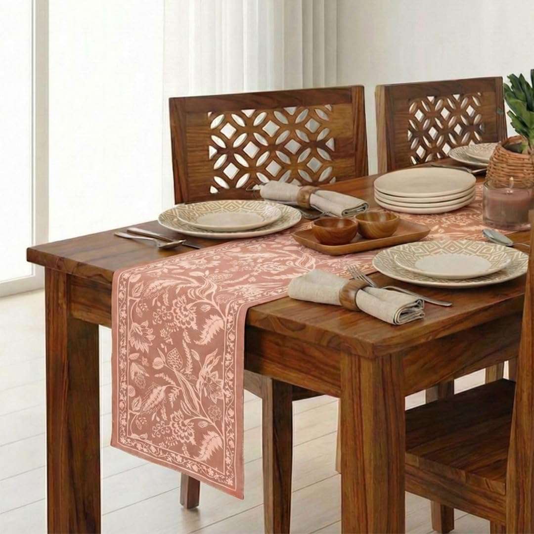 Peepul Tree Handmade Table Runner-4 Seater| Cotton Canvas Fabric Table Runner for Coffee & Centre Table | Non-Slippery | Heat-Resistant |12" x 60"Inch | Peach | Home Decor Gift Items 1