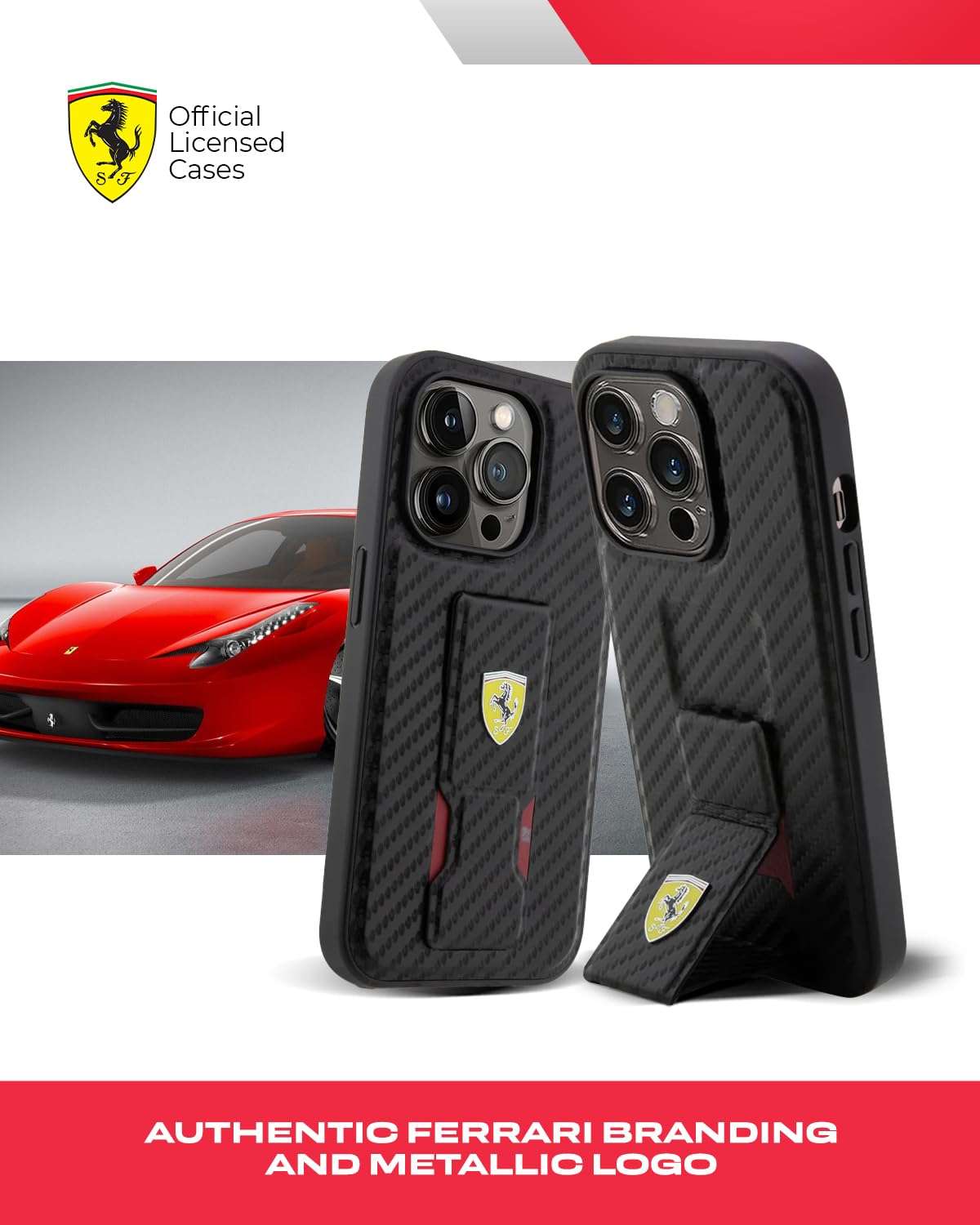 CG MOBILE FERRARI iPhone 15 Pro Case [Official Licensed] Grip Stand Case with Hot Stamp PU | Protective Case/Cover Designed for iPhone 15 Pro (6.1-Inch) 2023 - Black 3