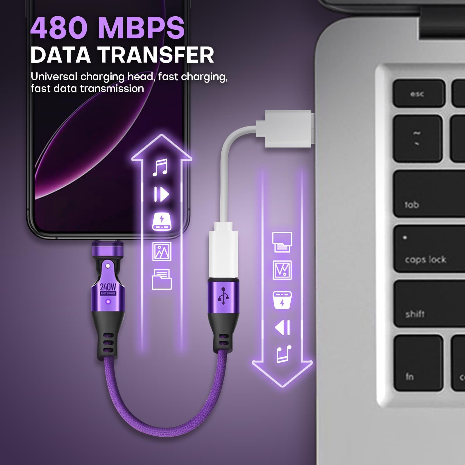 EndleesShine Magnetic USB Adapter Type C to C with 10cm Short Cable 16PIN Anti-Arc Stable PD 240W Fast Charging USB-C 180° Rotation Swivel Connector 480MBPS(2 Cable 6 Tips Set) 5
