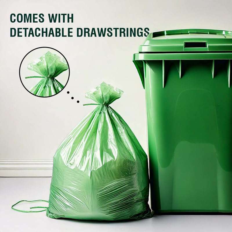 Beco Eco-Friendly Garbage Bags | 150 Pcs | Large- 24 x 32 Inches | 15 Bags x 10 Rolls | Green | Dustbin/Trash Bags with Detachable Drawstrings | For Dry & Wet waste 5