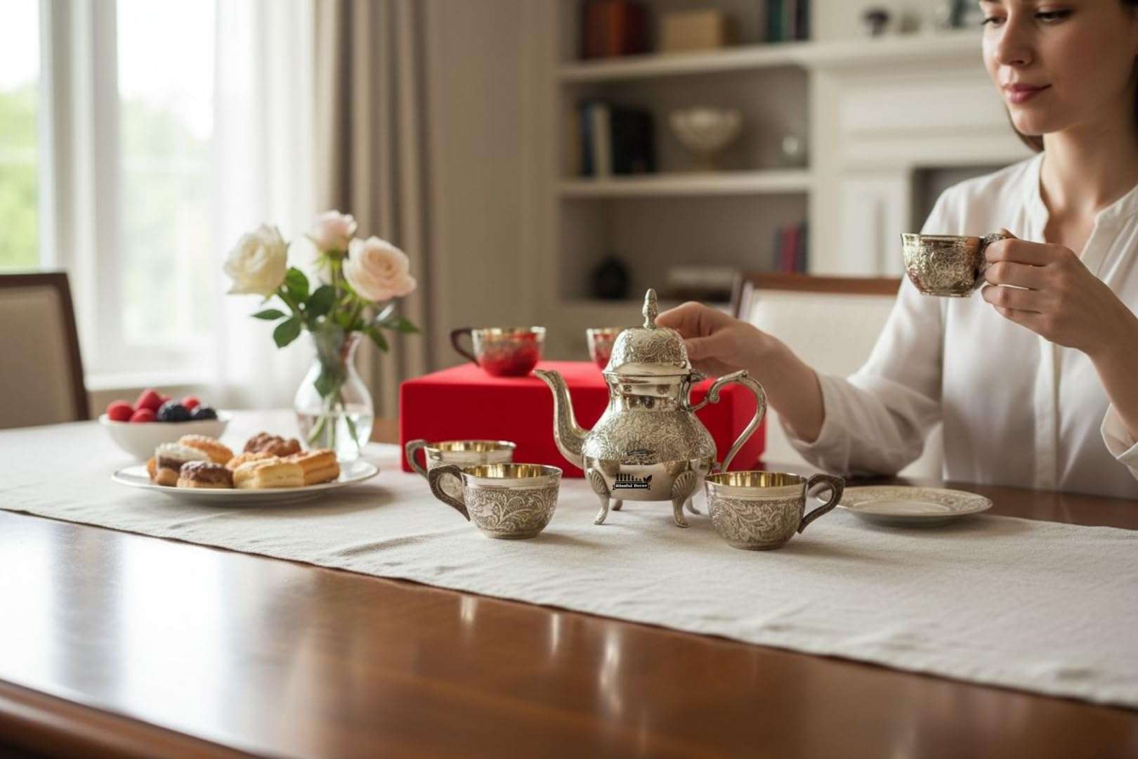 Brass Kettle Serving Set - Engraved Teapot - Coffee Pot with Set of 6 Cup with Tray - (36 x 25 cm) Perfect for Tea Parties, Gifting, Brass Tea Set with Kettle | weight-1750 GMS 4