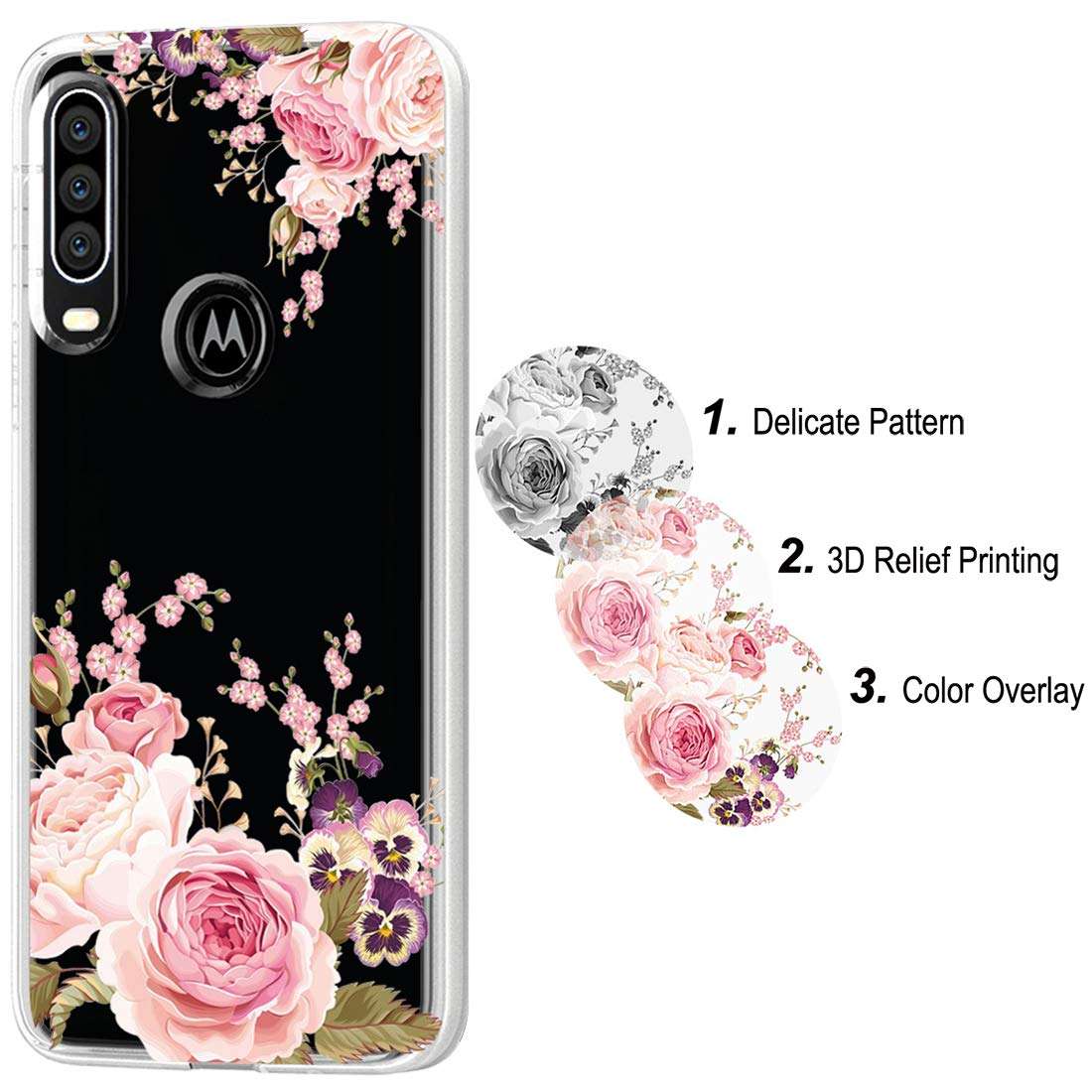Ueokeird Case for Motorola One Action,Moto P40 Power Case, Slim Shockproof Clear Soft Flexible TPU Back Floral Phone Protective Case Cover for Motorola Moto P40 (Rose Flower) 5