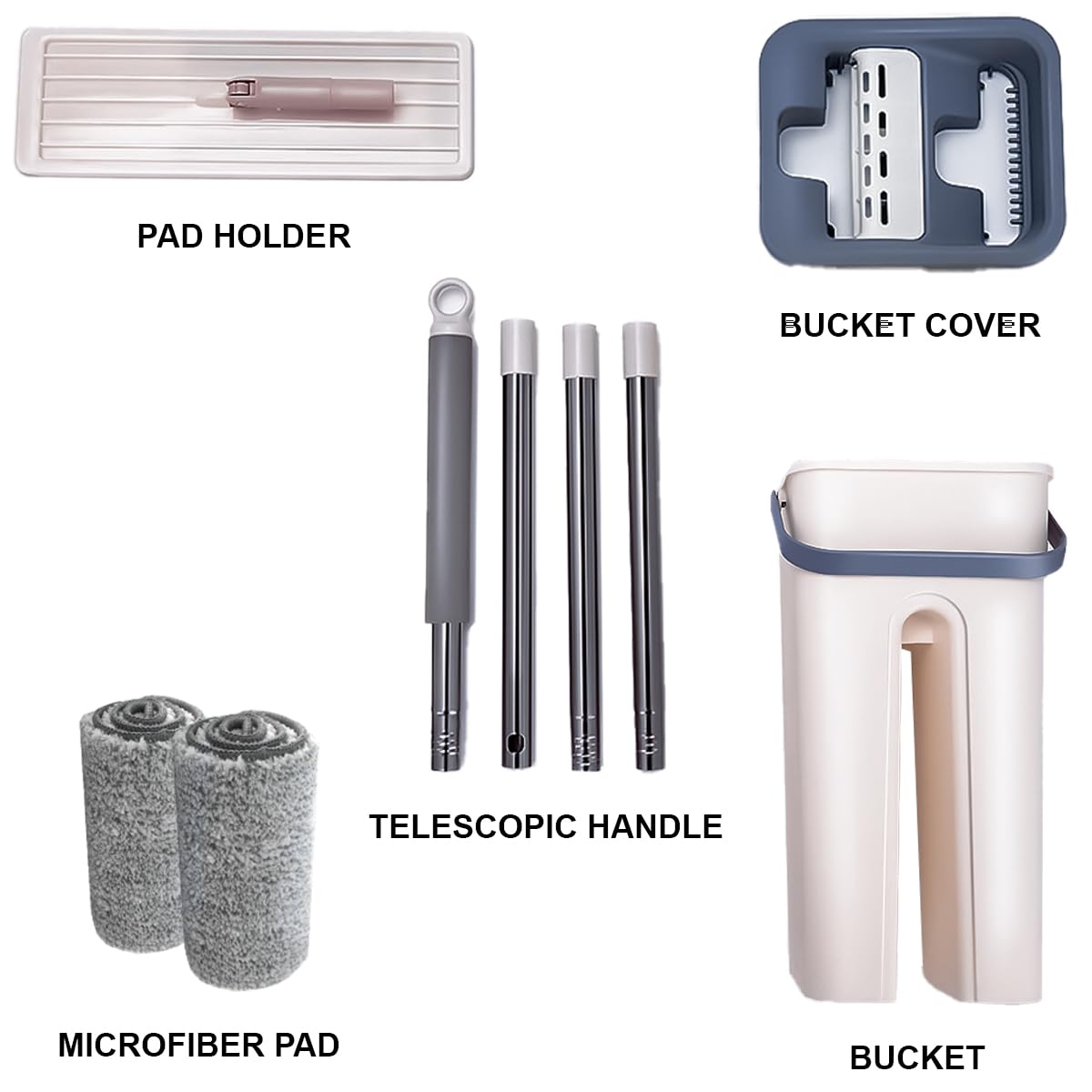 STELLIX Moppers for Cleaning Floor| Mop Bucket for Home & Kitchen| Flat Mop with Telescopic Mopping Stick| Floor Cleaners Pocha Mob for Wet & Dry Cleaning Supplies with 2 Microfiber Pad| Small Beige 5