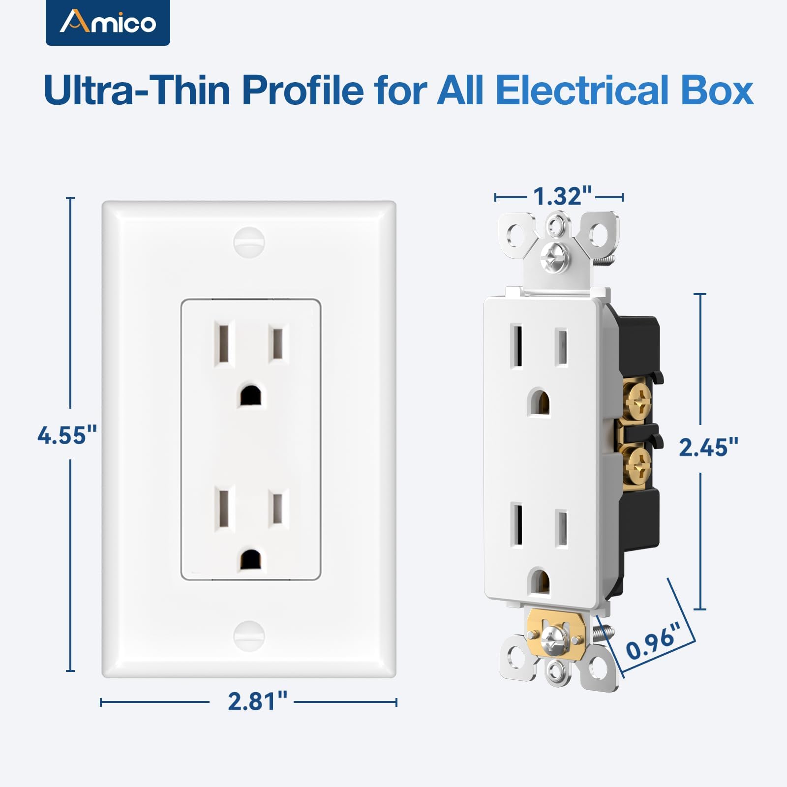 100 Pack 15A Wall Outlet, White Decorator Receptacle with Wall Plate & Amico 30 Pack Light Switch 6