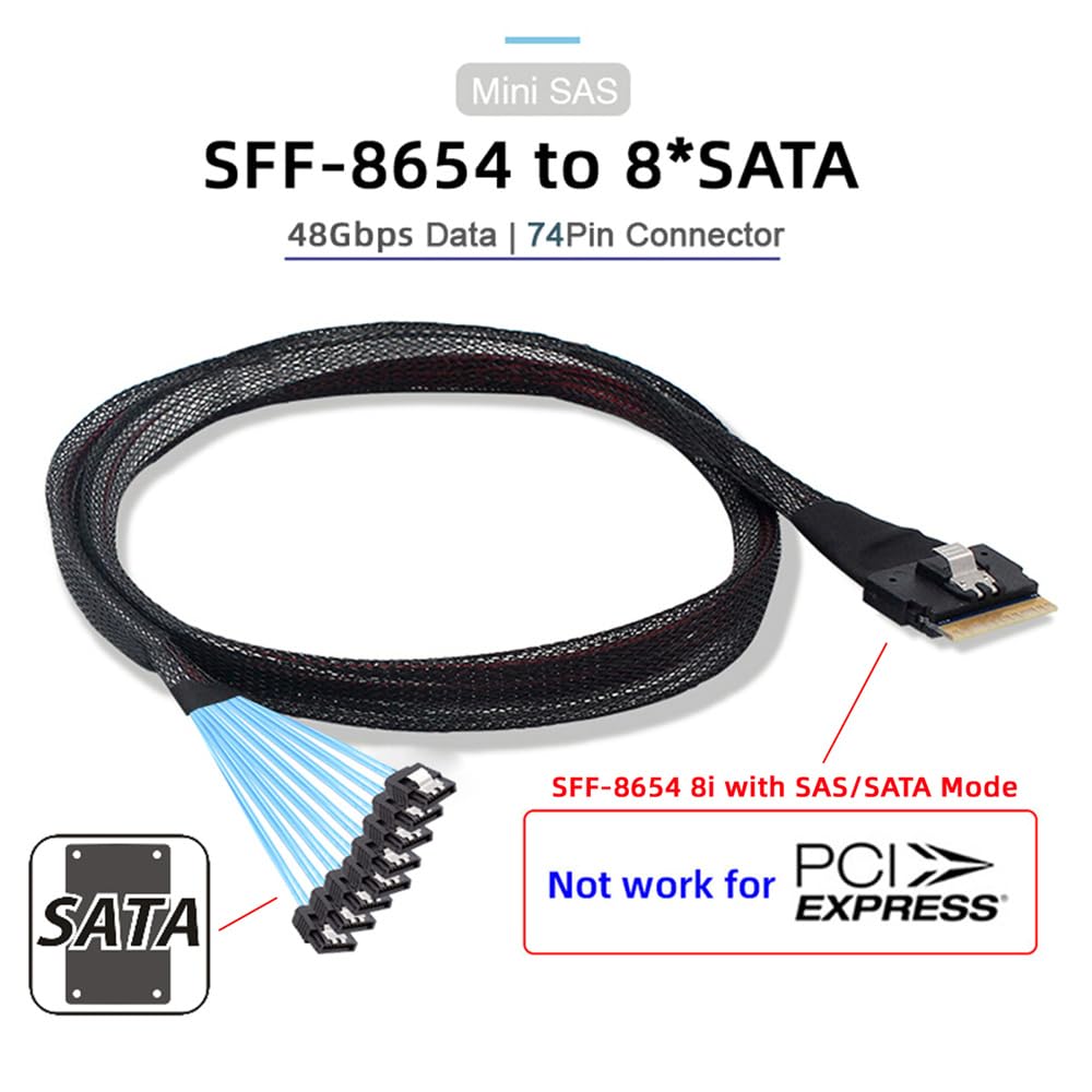 xiwai Slimline SAS 4.0 SFF-8654 8i 74pin Host Raid to 8 SATA 7pin Target Data Transmission Hard Disk Fanout Raid Cable 1-to-8 Splitter 1.0M 6