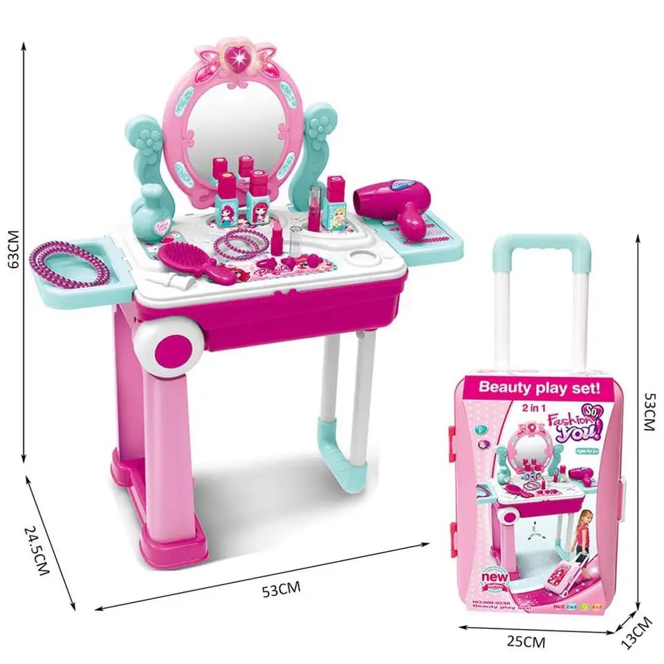 Royaldeals Toys Beauty Royaldealseup Kit for Doll Girls Cosmetic Set 2 in 1 Vanity Table Portable Royaldeals Pretend Play Set Toy with Royaldealse up Accessories for Kids Plastic (Pink) 21 Pieces 4