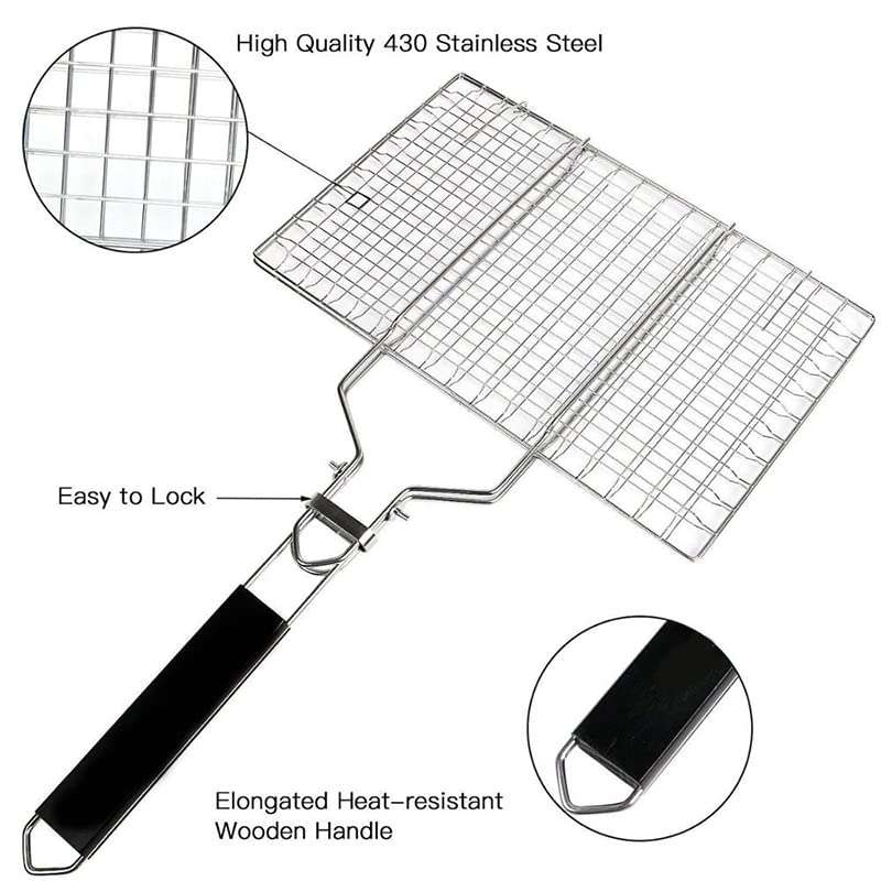 Divvy Chromium Plated Barbecue BBQ Grill Net Basket for Fish Vegetables, Steak Shrimp Chops and Other Food with Wooden Handle 4
