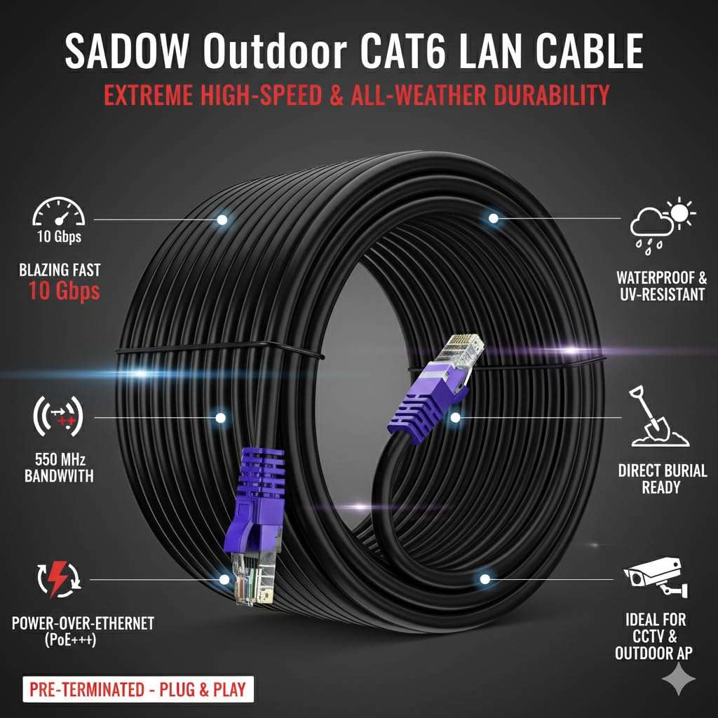 Sadow Heavy-Duty Cat6 Outdoor Ethernet Cable 35 Meter (115 Feet) | UV-Resistant, Waterproof, Direct Burial LAN Wire | High-Speed Network Lan cable 1Gbps / 550MHz for CCTV, Routers, and External-Black 5