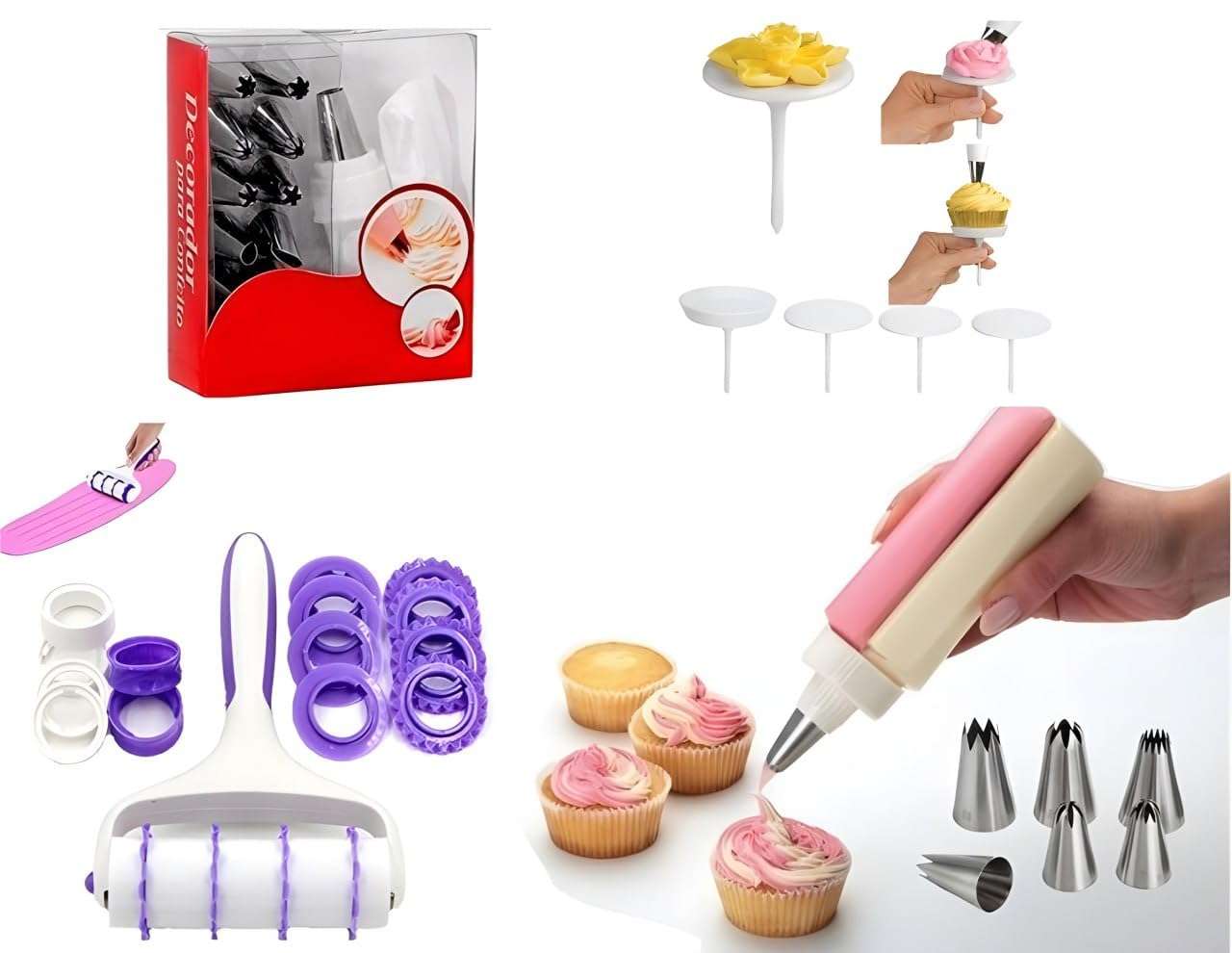 Breewell Cake Flower Nails, Ribbon Cutter, Cake Cream Pastry Decorating Bottle with Stainless Steel Nozzle 4 Combo Set 1
