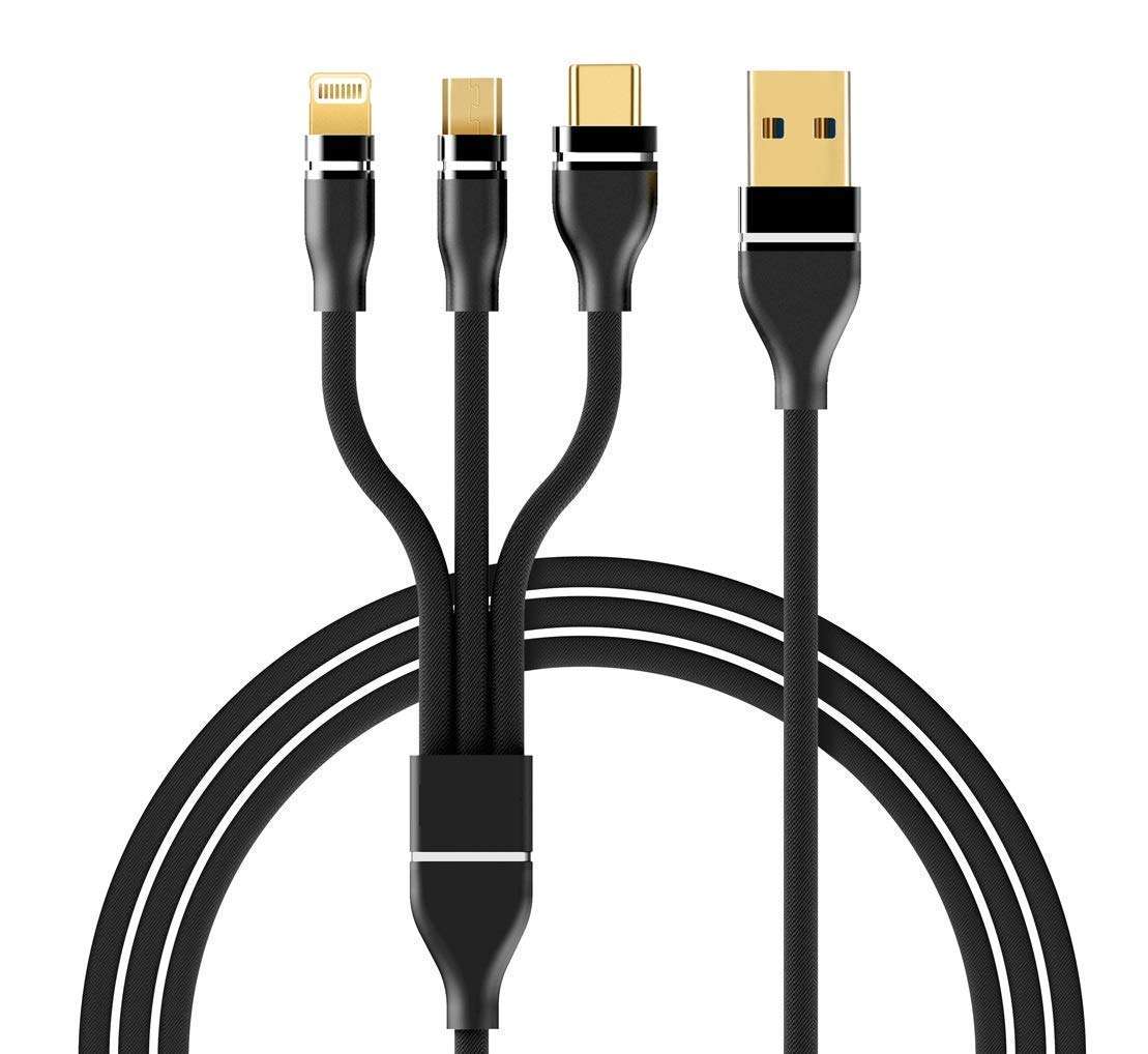 ShopMagics 3-in-1 Multi Charging Cable for Google Pixel 3A / 3 A USB Cable 3-in-1 Multi Quick Charge Charging Nylon Braided Fast Multi Charger Cable for All Micro USB, i-OS and Type-C Devices (3.1 Amp, 1 Meter/3.3 Feet, GM) 1