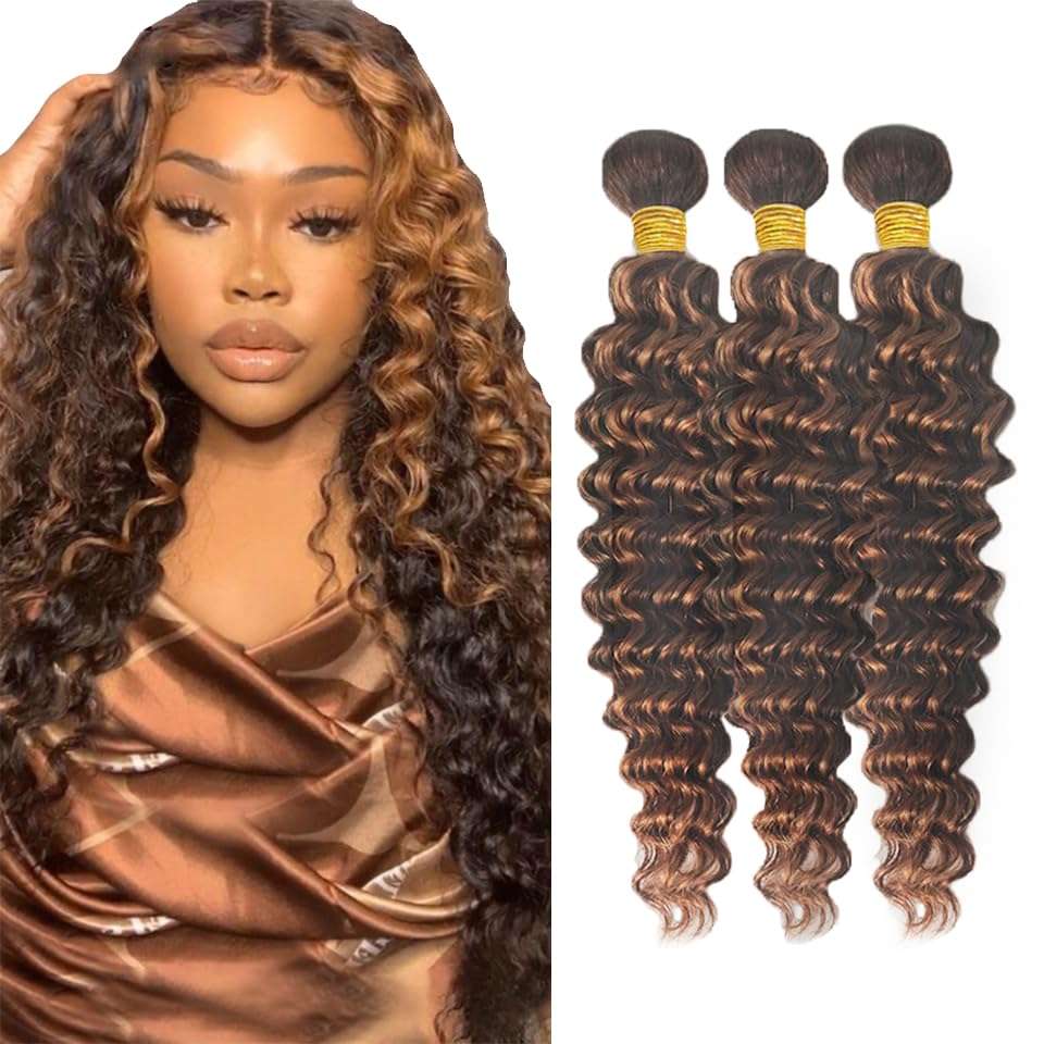 30 30 30 Inch Brown Highlight Bundles Ombre Deep Wave Human Hair Bundles Brazilian Unprocessed Virgin Hair 3 Bundles Two Tone Brown Mixed With Auburn Bundles P4/30 Bundles Hair Extensions 1