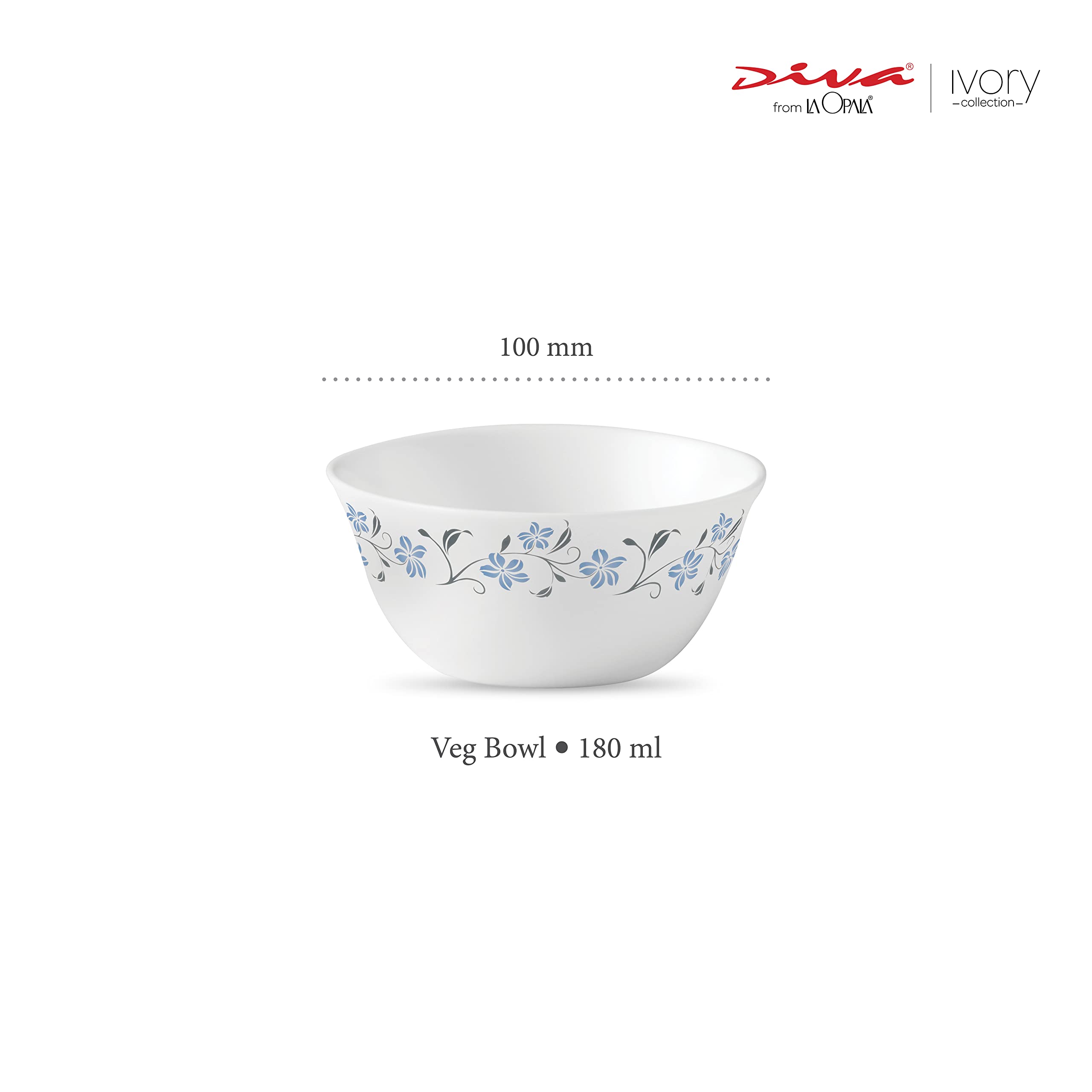 La Opala Diva, Ivory Collection, Opal Glass Vegetable Bowl Set 6 pcs, Grace Blue, White 3