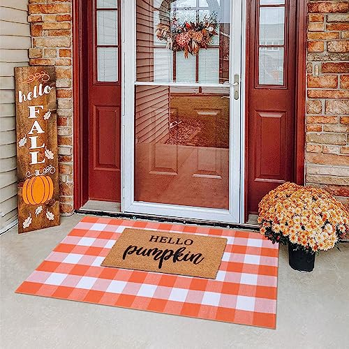 Fall Plaid Area Rug 3x5 Ft, Orange and White Buffalo Check Large Farmhouse Cotton Rug, Hand-Woven Washable Indoor Outdoor Carpet for Halloween Thanksgiving Autumn Porch Patio Decor 3