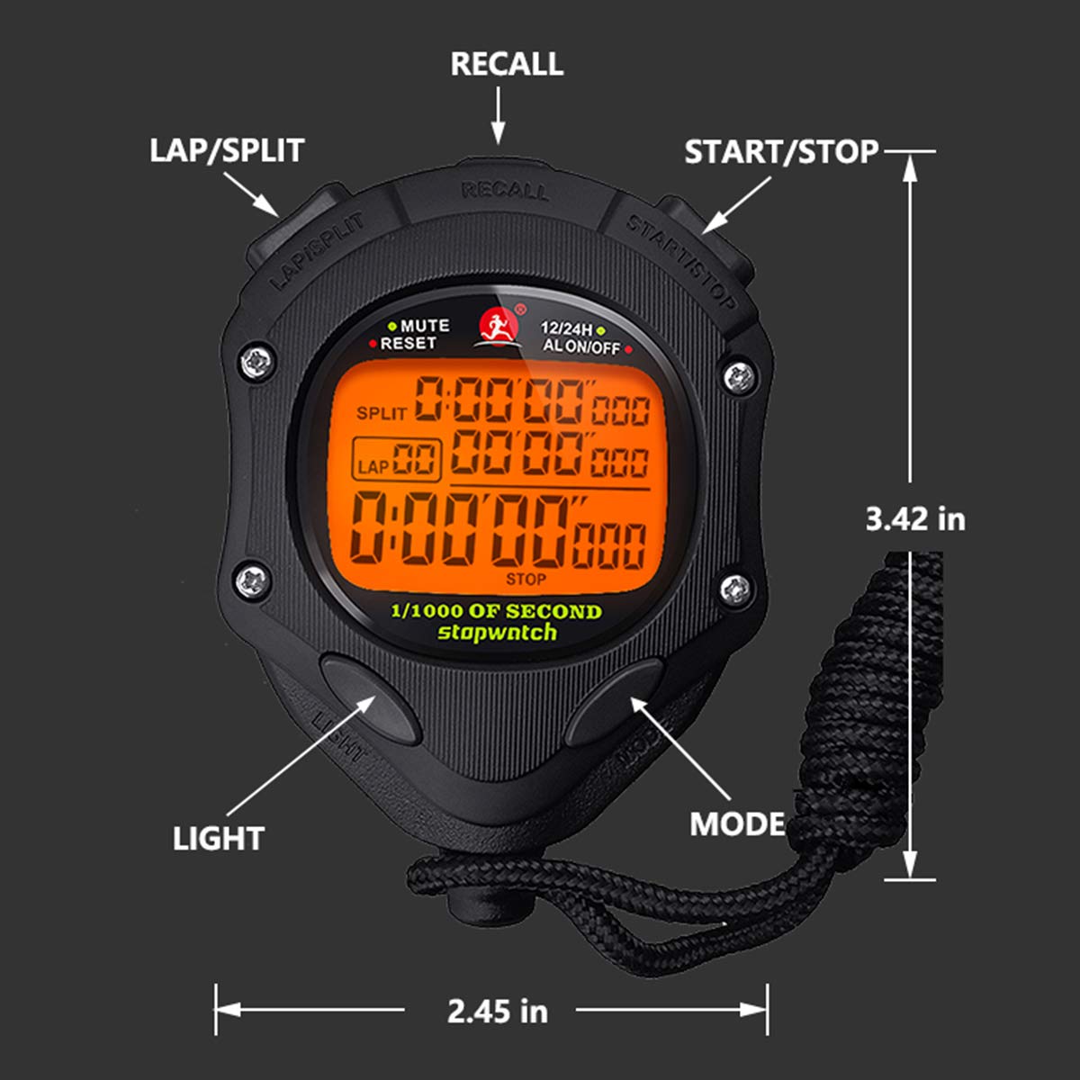 Digital Stopwatch Timer with Back Light Stop Watch 0.001second Timing|100 Lap Memory,Large dispaly Alarm Clock for Coach Sports Swimming Running Marathon Competition(100LAP(Back Light)) 2