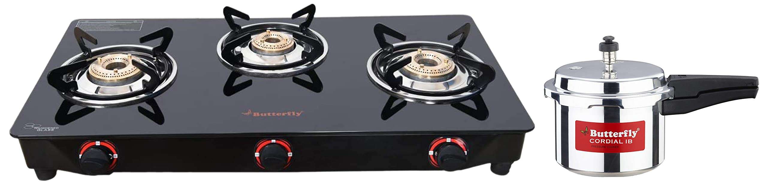 Butterfly Smart Glass 3 Burner Gas Stove, Black & Butterfly Cordial Induction Base Aluminium Pressure Cooker with Outer Lid, 3 Litres, Silver 1