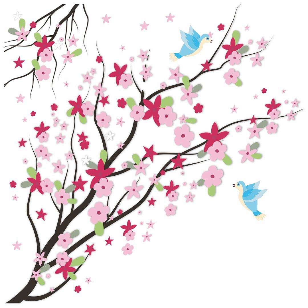 CVANU Colorful Flowers on Branch with Little Birds PVC Vinyl Wall Sticker for Wall Decoration Size(90cm x 90cm)_cv9 3