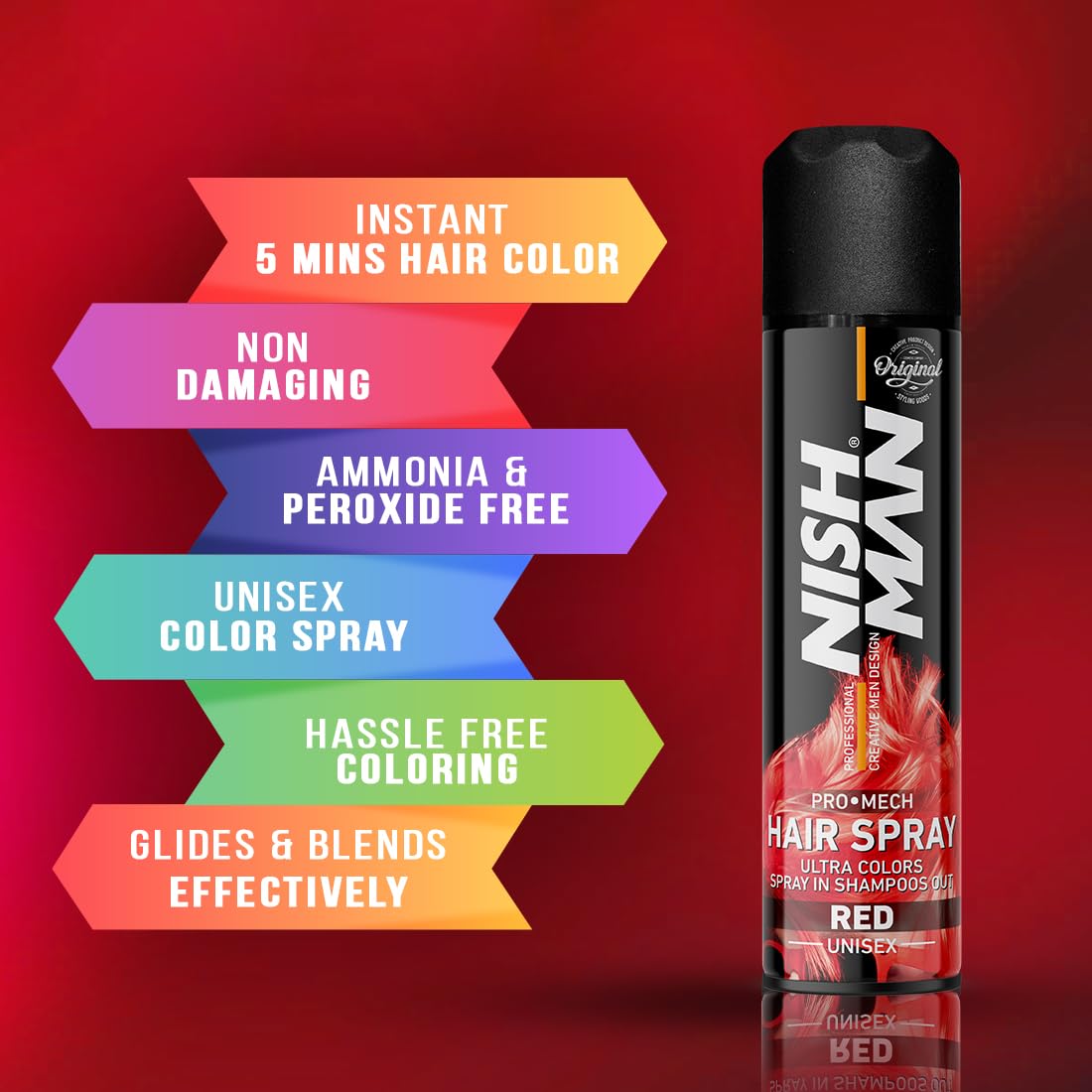 Nishman Professional Hair Color Spray | Cruelty, Peroxide & Ammonia Free |Suitable For Daily Use | Unisex Temporary Hair Color - Red | 150 ML 4