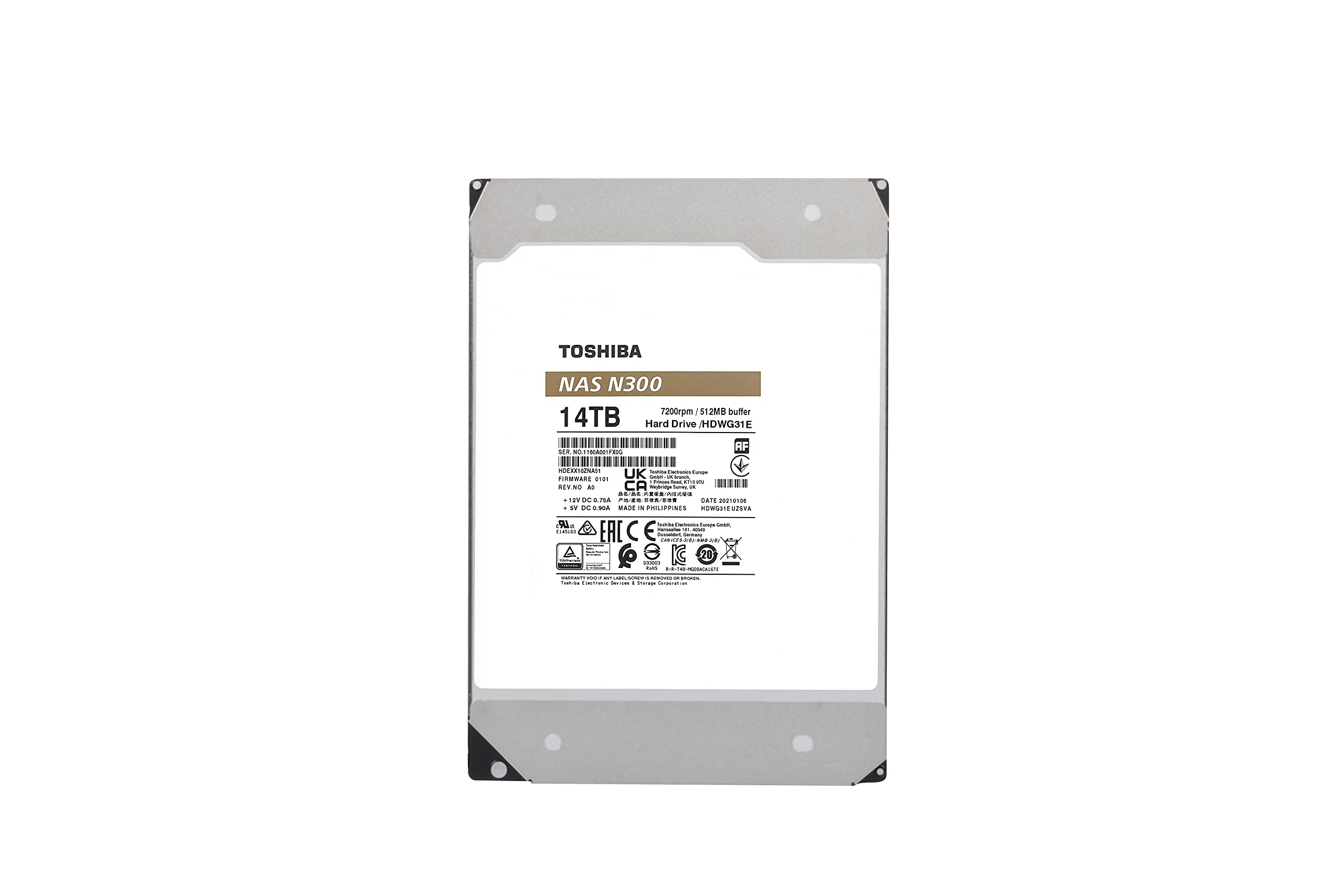 Toshiba N300 14TB NAS 3.5-Inch Internal Hard Drive - CMR SATA 6 GB/s 7200 RPM 512 MB Cache - HDWG31EXZSTA 5