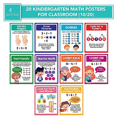 Decorably 20 Vibrant Math Posters for Elementary School, 11x14in Matte-Laminated Educational 1st Grade Math Posters 1st Grade, Kindergarten - Classrooms, Homeschool, Bulletin Boards 3