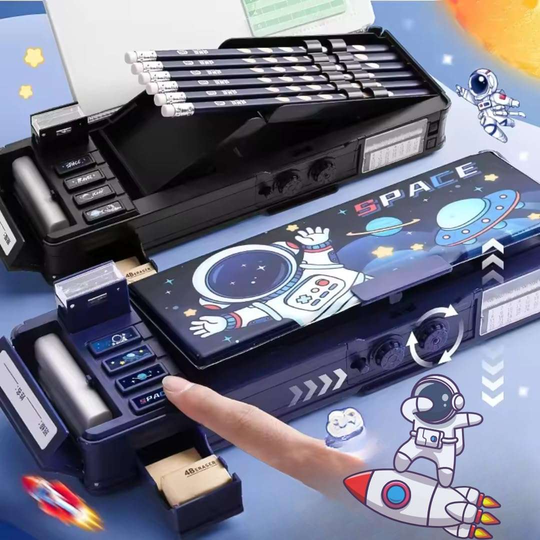 Storio Space Password Lock Double Sided Compass Box for Kids, Pencil Box for Kids Boy & Girl, Aesthetic Stationary Items, Space Astronaut Theme Pencil Case Return Gifts for Kids 1